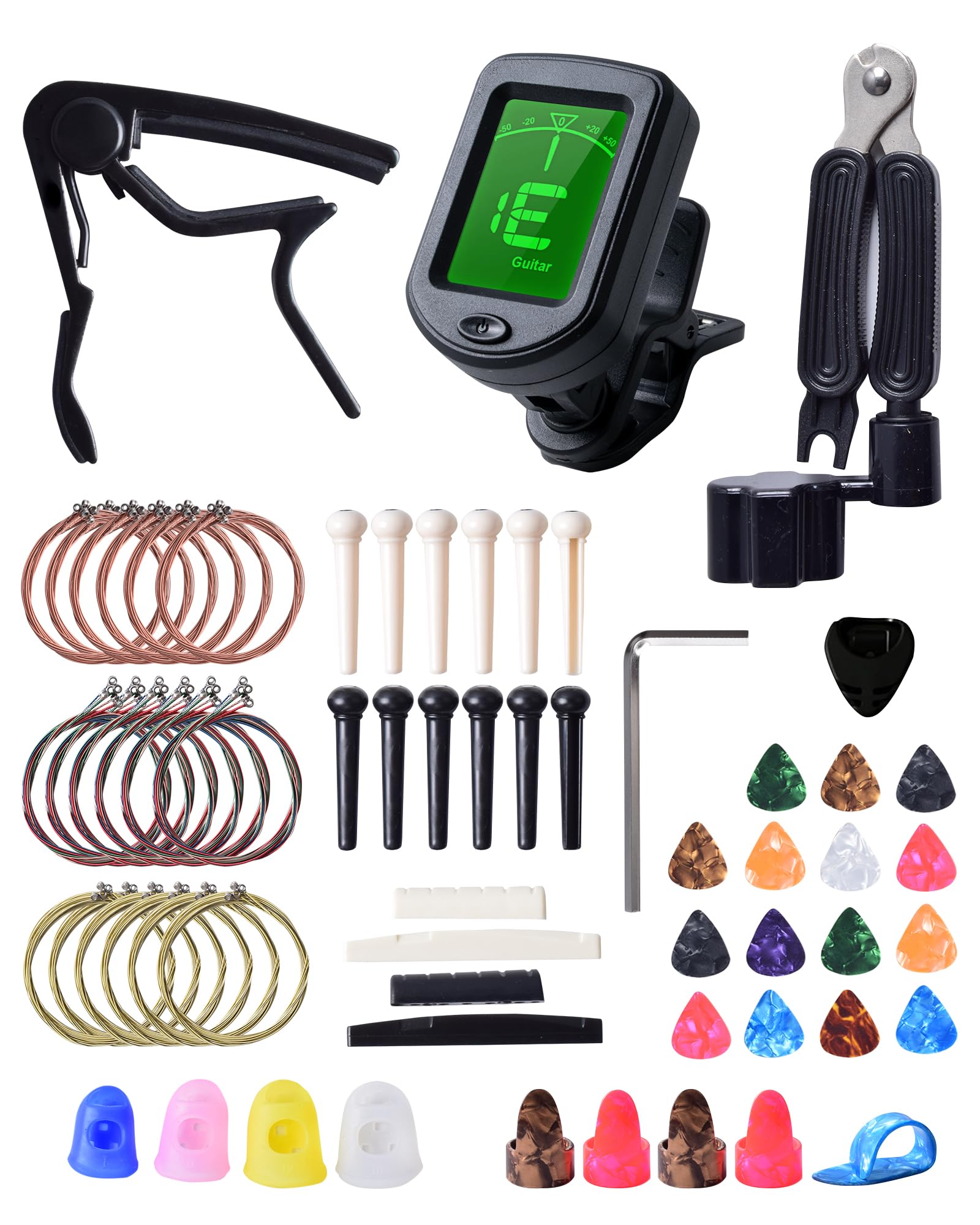 Kit Accessori per Chitarra 63 Pezzi con Accordatore, Capotasto, Corde, Plettri