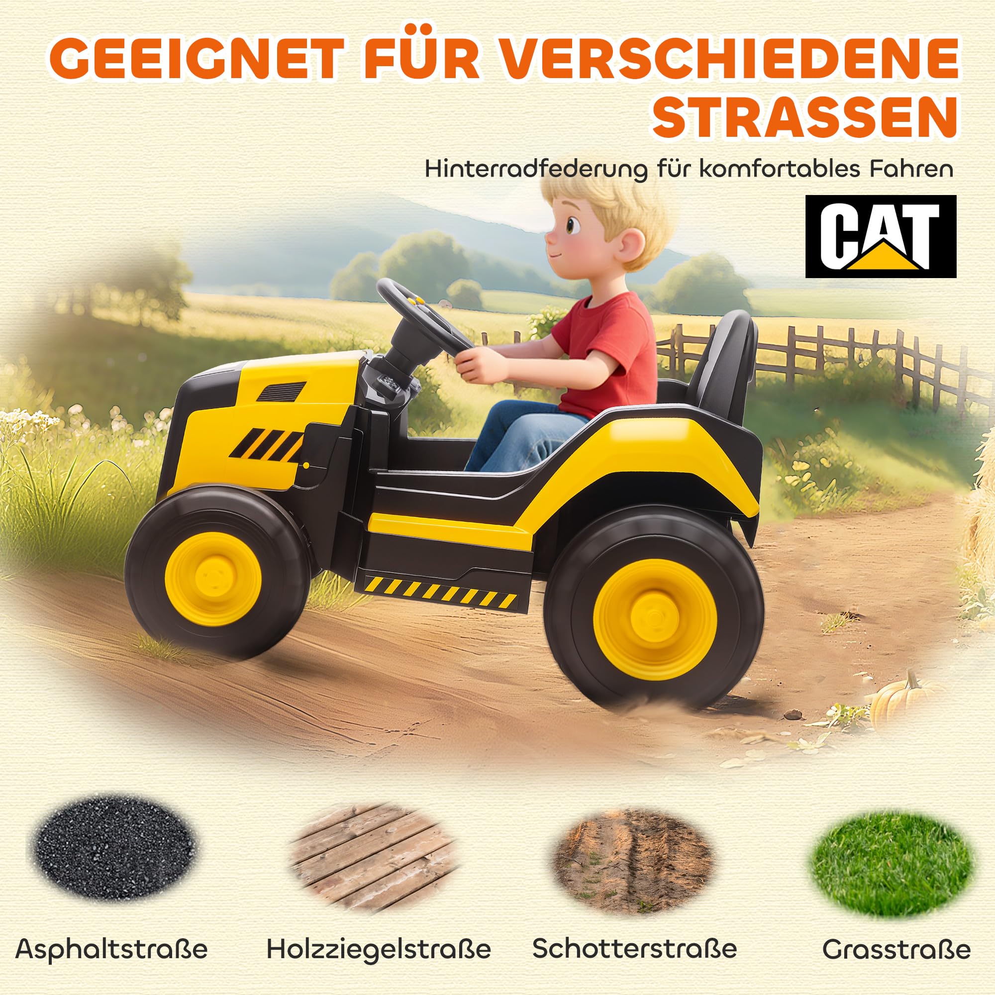 AIYAPLAY Elektrischer Traktor CAT-Lizenziert 12 V Musik 3-6 Jahre Gelb | Aufsitztraktor, 2,4G Fernbedienung, 2 Motor, Hinterradfederung, Langsamer Start und Stopp, Bluetooth, Elektrotraktor