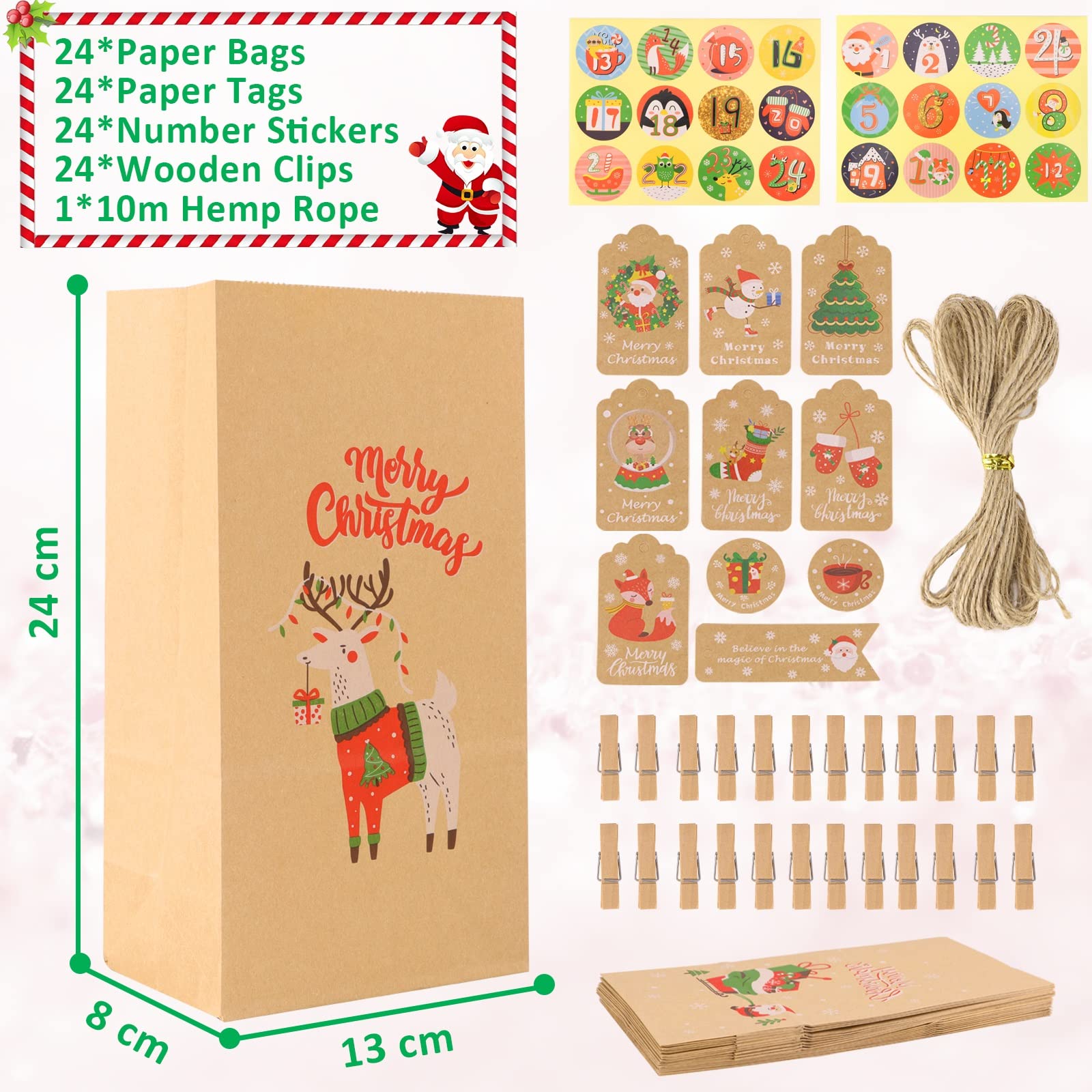Calendario dell’Avvento Fai da Te, Calendario Avvento 2025 Kinder, Sacchetti Calendario Avvento bambini da Riempire, con 1-24 Adesivi numerici, 24 Clip e Corda di Canapa