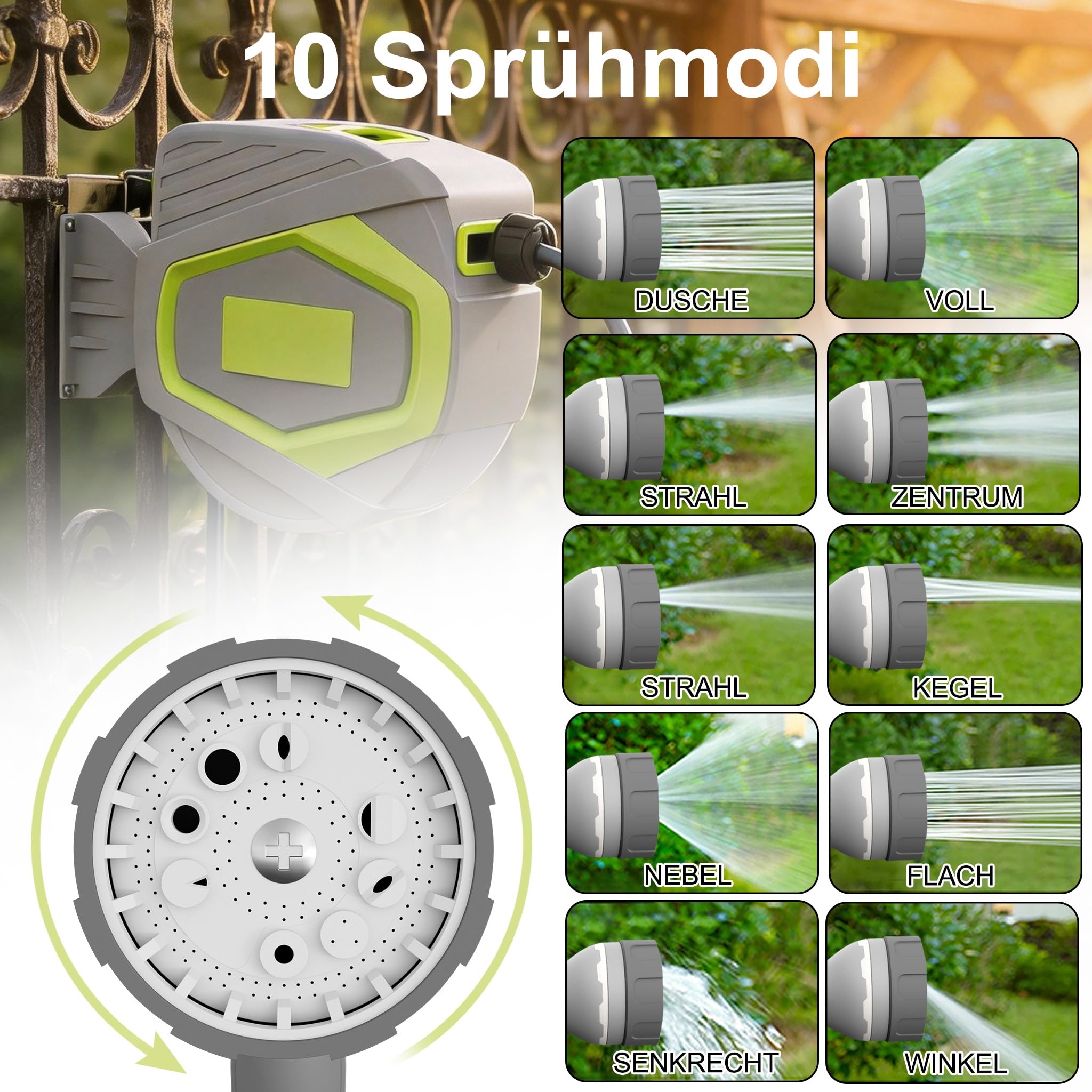 Aufun Carrete de manguera de montaje en pared, 30 m, incluye ducha de mano y conexiones, enrollado automático, soporte giratorio de 180° y 10 modos de pulverización para jardín y lavado de coche