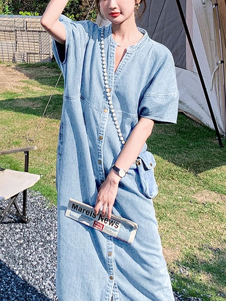 Women's Summer Casual Denim Dress Button V Neck Short Sleeve