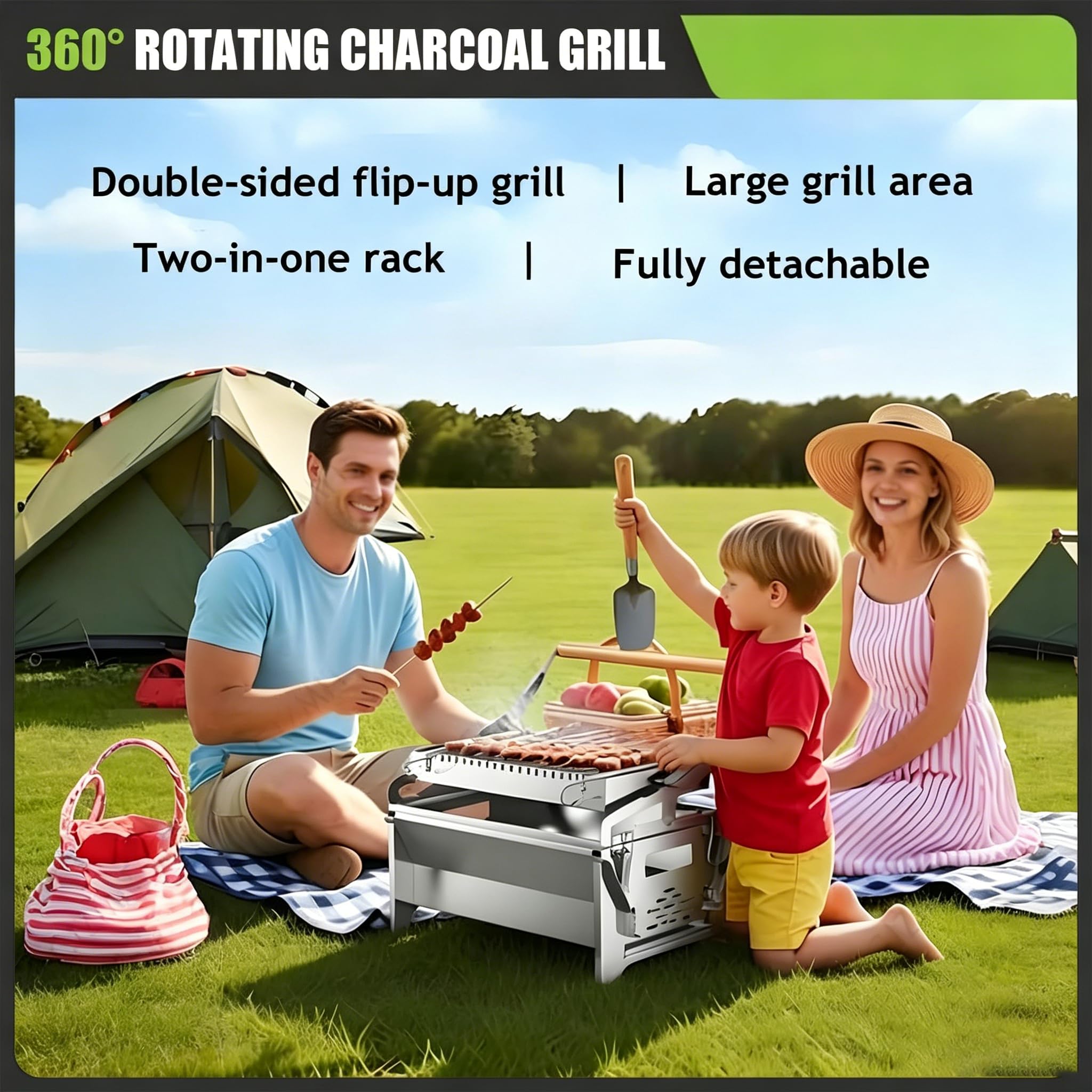 Griglia a carbone rotante a 360° con cestello ribaltabile, griglia portatile in acciaio inox per picnic, campeggio, giardino, viaggi, escursioni e attività all'aperto