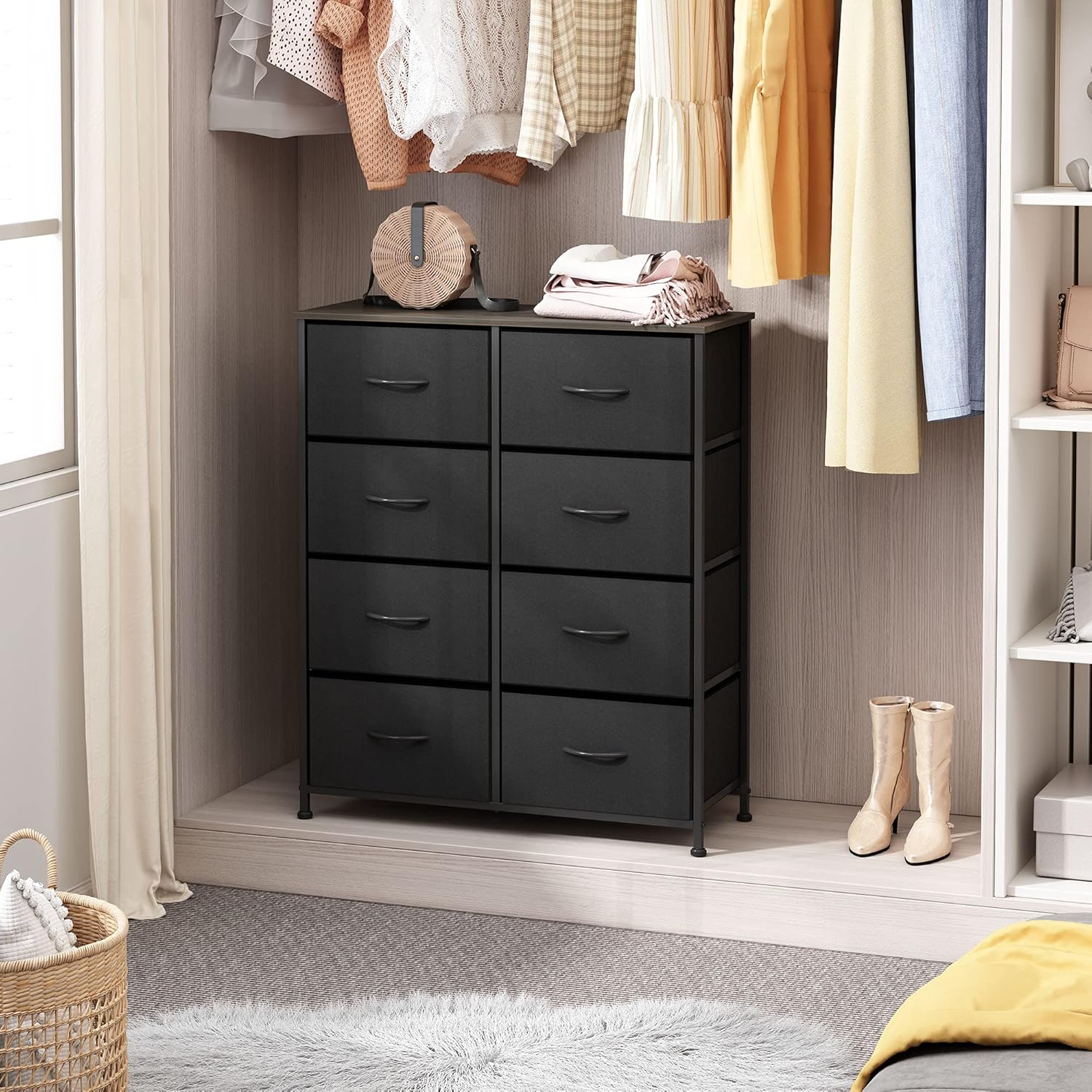WLIVE Fabric Dresser with 8 Drawers, Storage Chest for Bedroom, Hallway, Nursery, Entryway, Closets, Metal Frame, Wood Top, Easy Pull Handle, Textured Print Drawers, Charcoal Black : Home & Kitchen