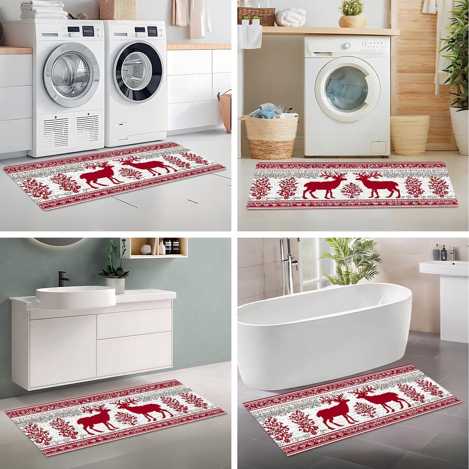 Laundry Room Rug Runner 47"x20" Non Slip Washable Floor Runner, Nordic Knit Red White Reindeer Tree Pattern for Cozy Entry Living Room Holiday Decor