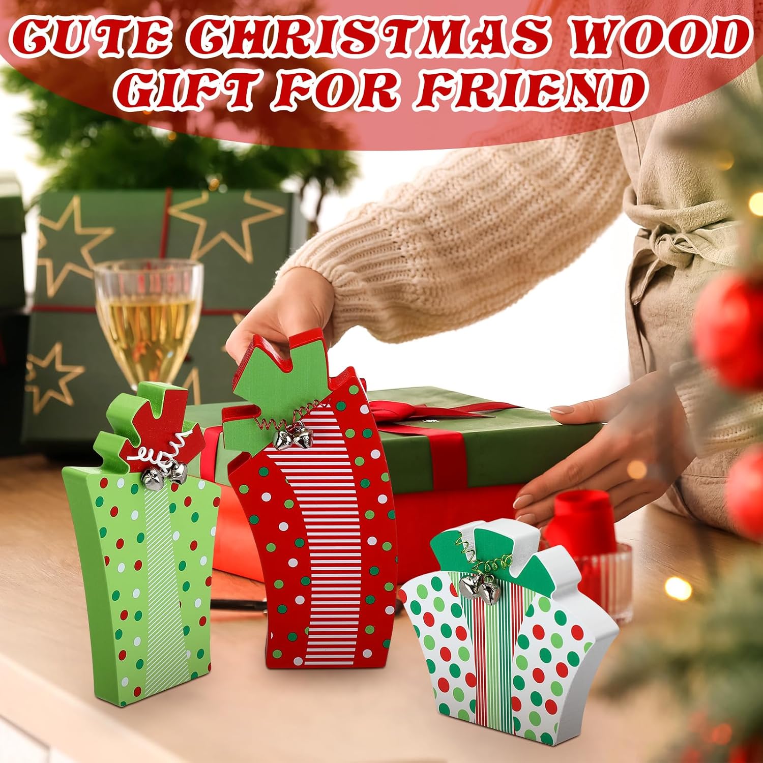 3 Pcs Christmas Table Centerpiece Decoration Red Green Wooden Gift Box Sign Rustic Sanding Tabletop Ornament with Bells for Holiday Xmas Farmhouse Fireplace Tiered Tray Decor - Image 6