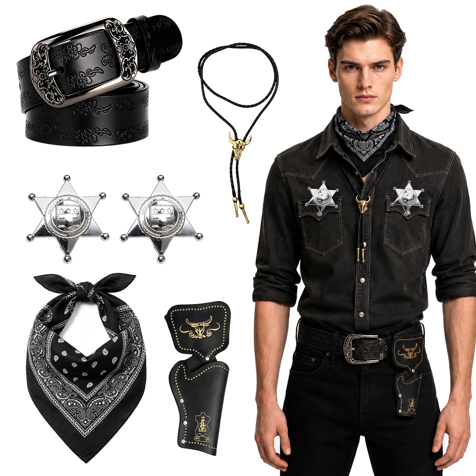 Wild West Cowboy Fancy Dress Accessory Set, Cowgirl Outfit for Men & Women