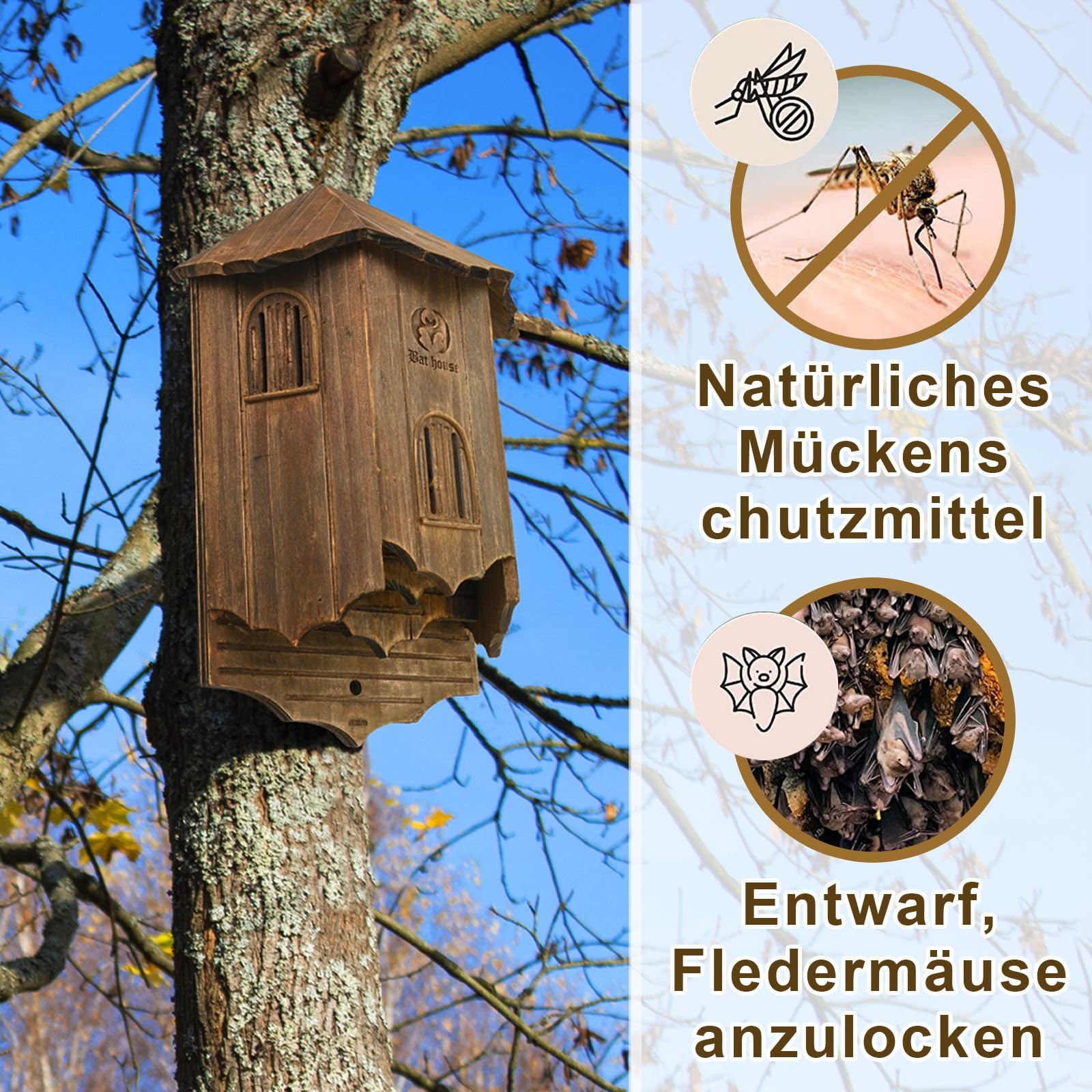 Burg Fledermaushaus aus Holz für den Außenbereich – Große Box mit drei Kammern