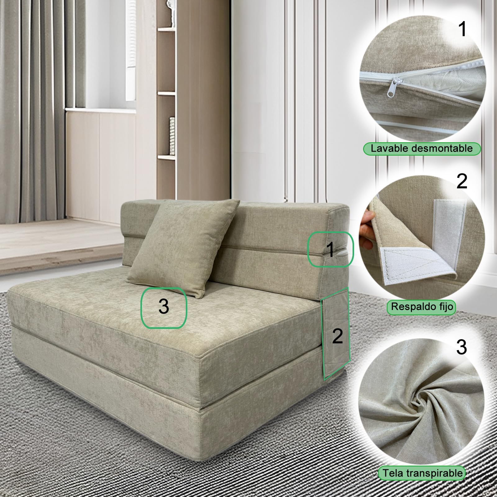 ANONER Sofá Cama Plegable 4 en 1, Beige