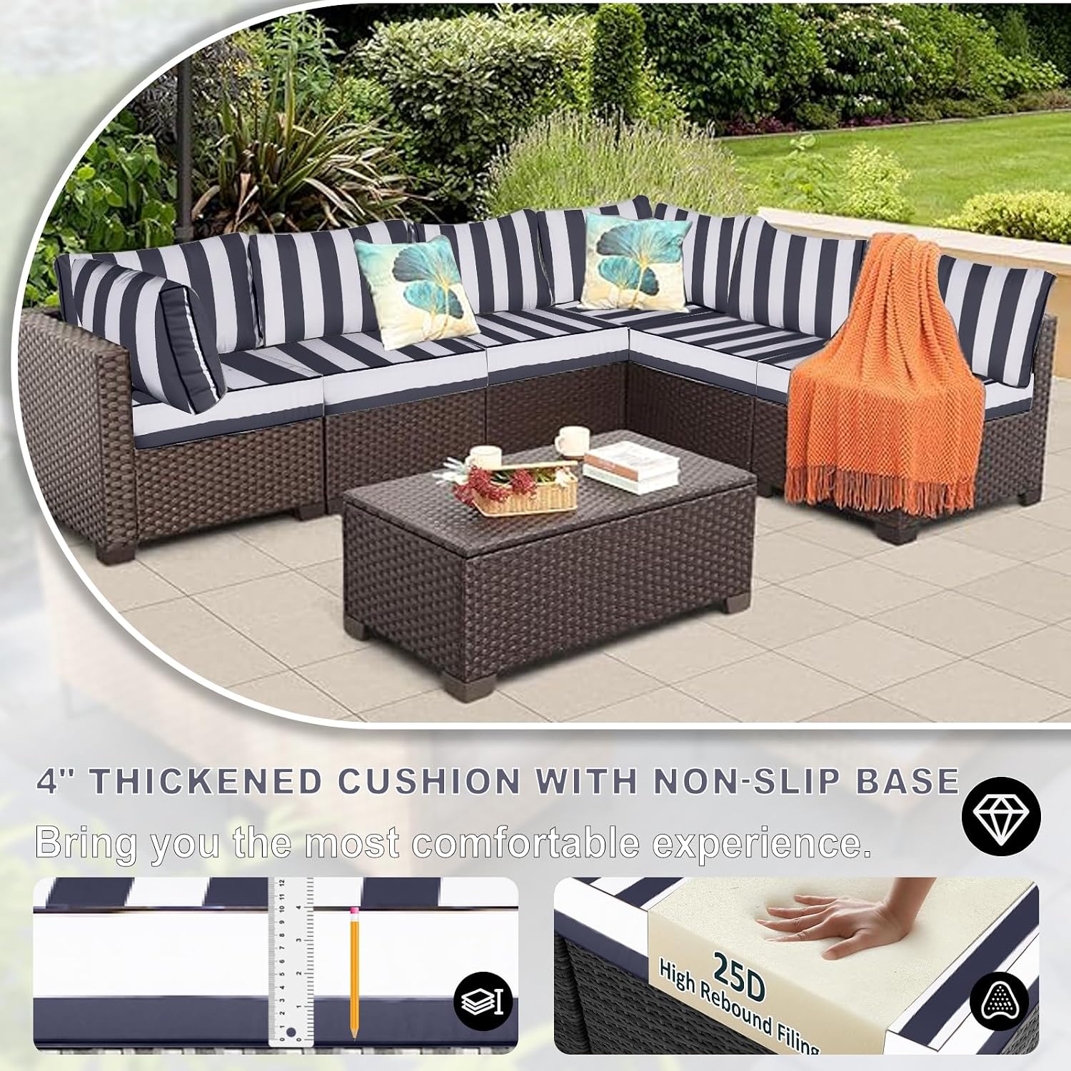 Outdoor Sectional Cushions,14 Pieces Waterproof Patio Furniture Cushions Replacement, 4" Foam High-Density For 6-Seat Rattan Wicker Sectional Conversation Sofa Set (Navy Blue & White Stripes)