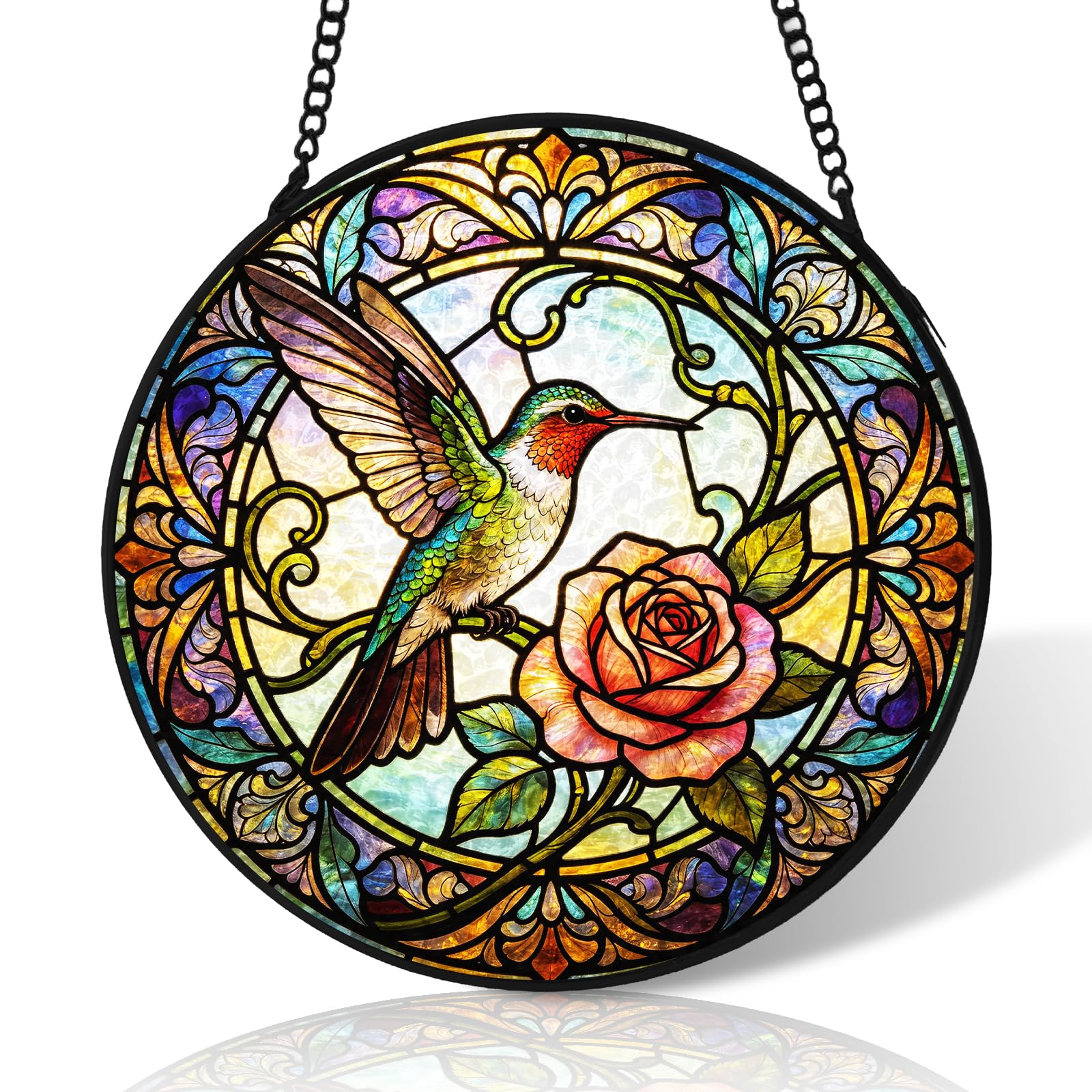 8 inch Hummingbird Flower Stained Glass Suncatcher Windows Hanging,Stained Glass Ornament Home Decor,Suncatchers for Windows Hanging,Birthday Gifts for Women,Lovers,Friend(Black)