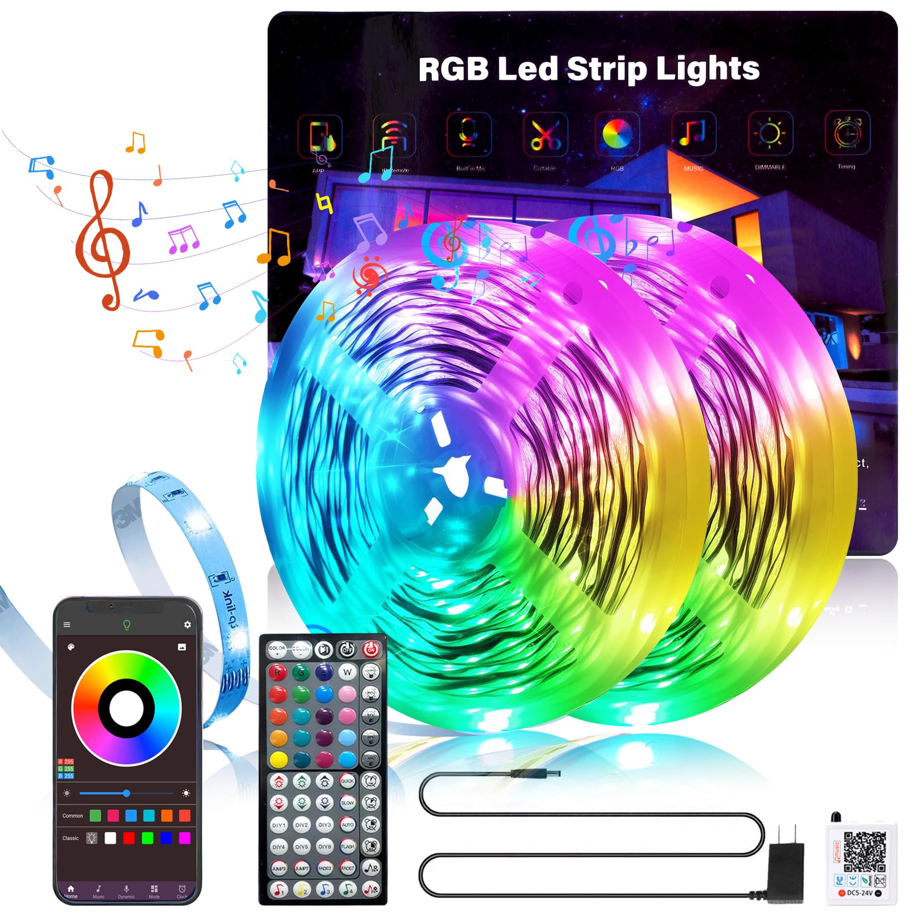 GANZQH - Bande lumineuse LED de 61 m pour chambre à coucher, lumières LED RVB à changement de couleur pour l'intérieur, bande lumineuse LED à synchronisation de la musique avec télécommande et