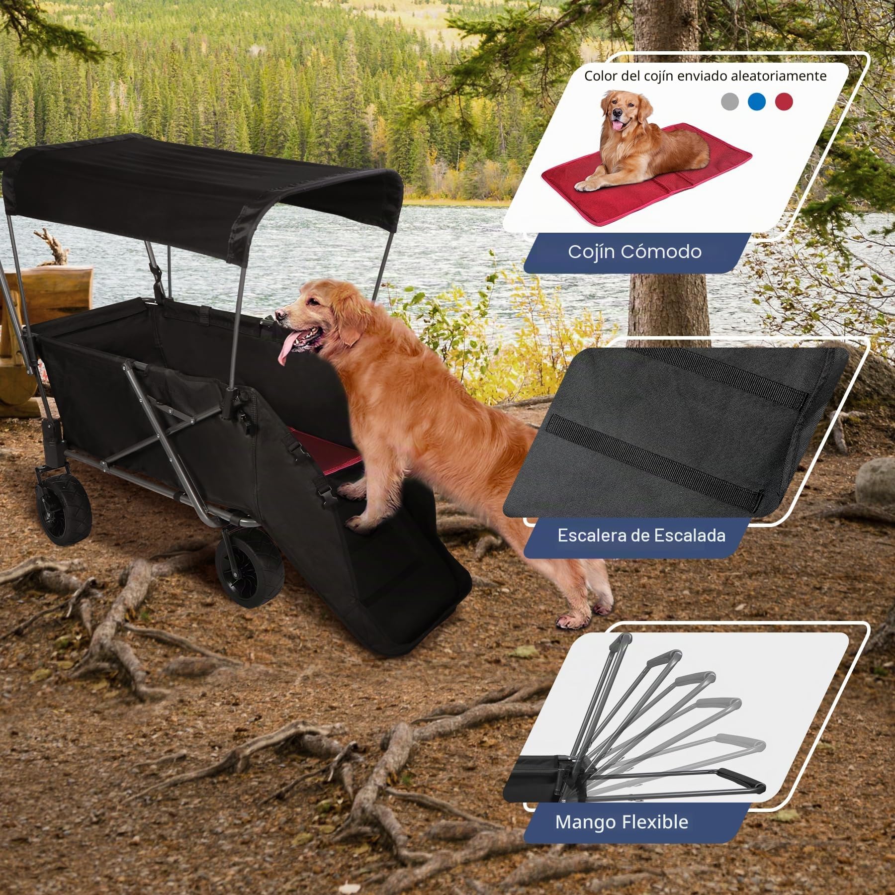 REDCAMP Carrito plegable para perros con techo extensible, 136 kg de capacidad, ruedas todoterreno con frenos, para camping y jardín al aire libre, tela Oxford 600D