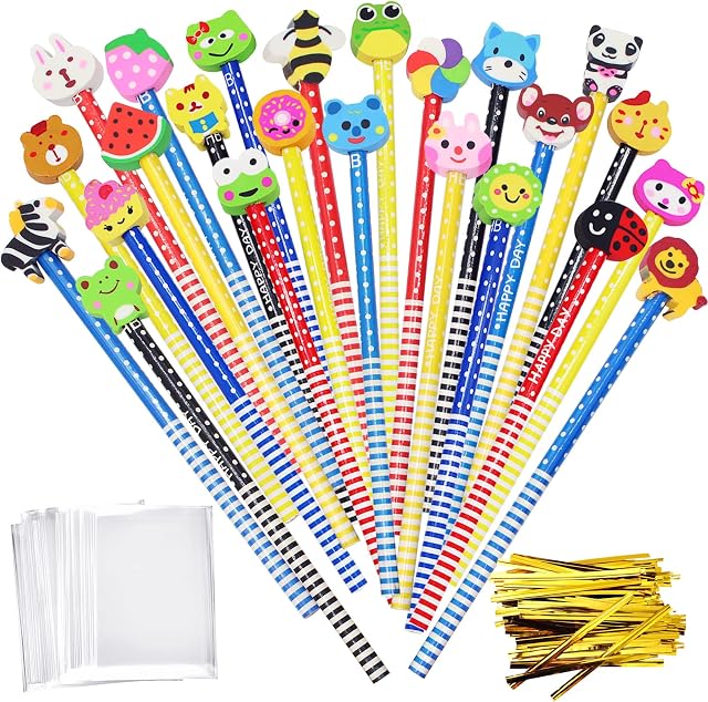 Cartoon Pencils with Eraser Toppers for Children, Uooker 25 Pcs Wooden Graphite Pencils with Animals Rubber Erasers for Kids, School Stationery Party Reward Supplies for Students(Color/Style Random)