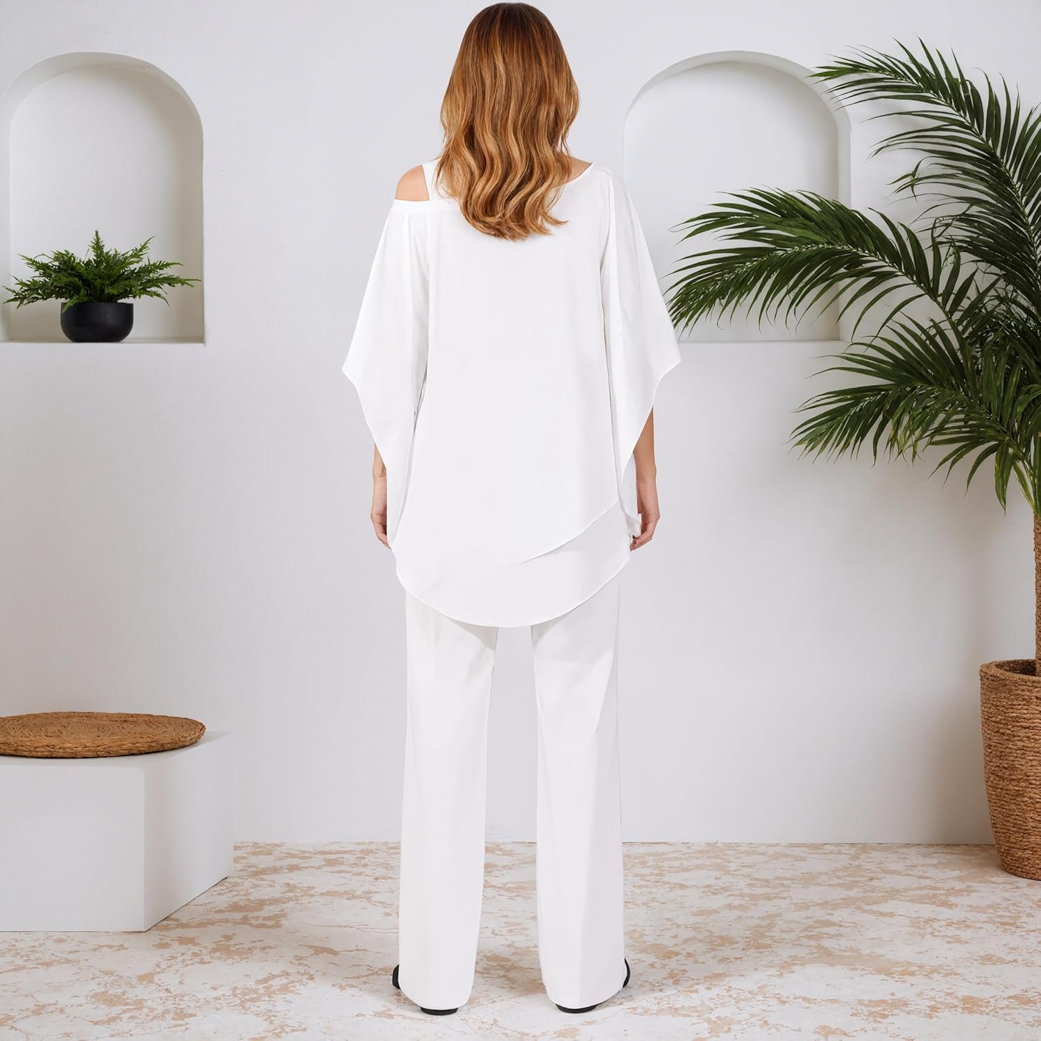 Akivide Women's Casual 2 Piece Outfits Dressy Pant Suits for a Wedding 2025 Fall Trendy Irregular Chiffon Wide Leg Pant Sets - Image 3