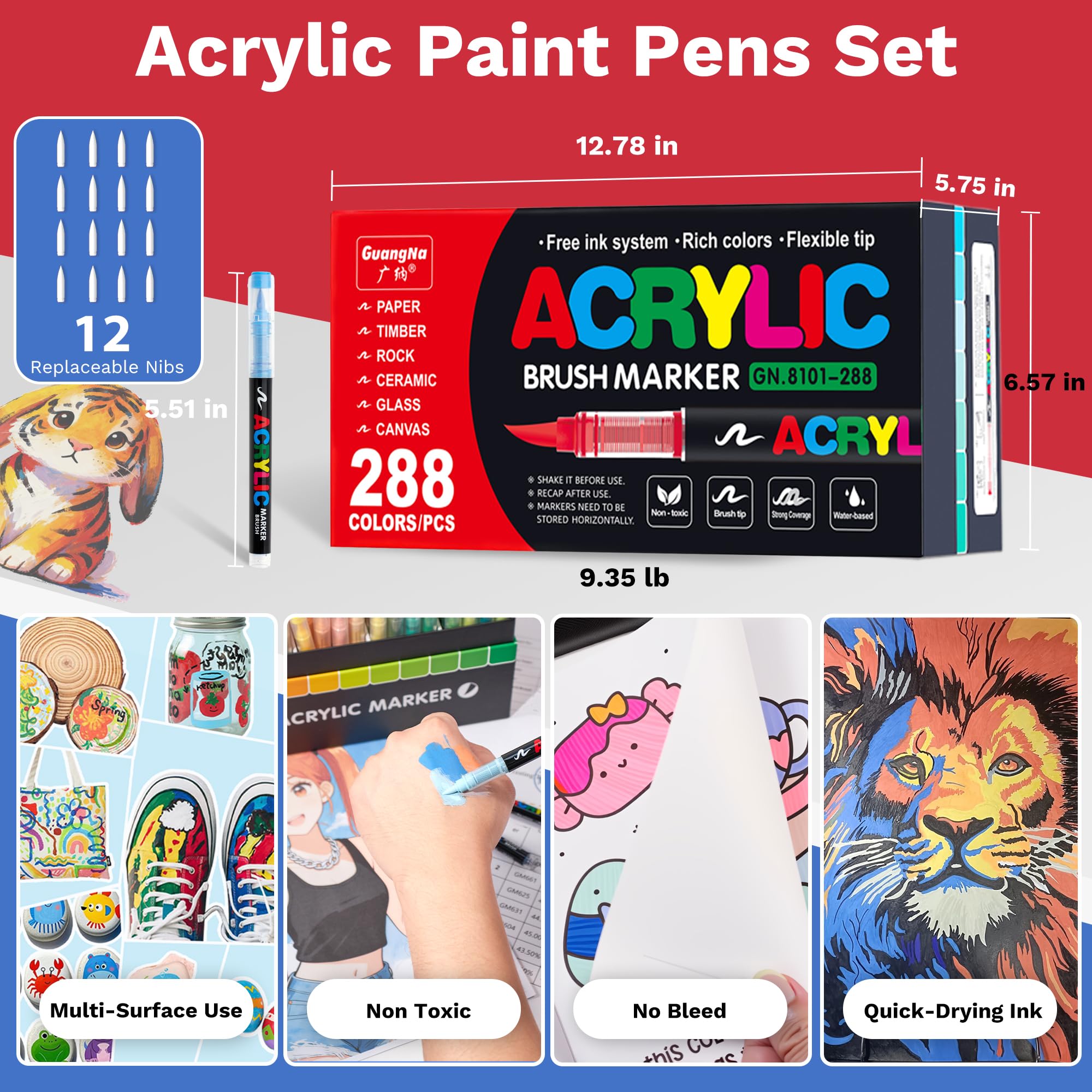 Pennarelli Acrilici 288 Colori con Punta a Pennello, Set Acrylic Paint Markers con Custodia, Colori Vivaci per Artisti, Disegno, Vetro, Tessuto, Legno, DIY e Artigianato