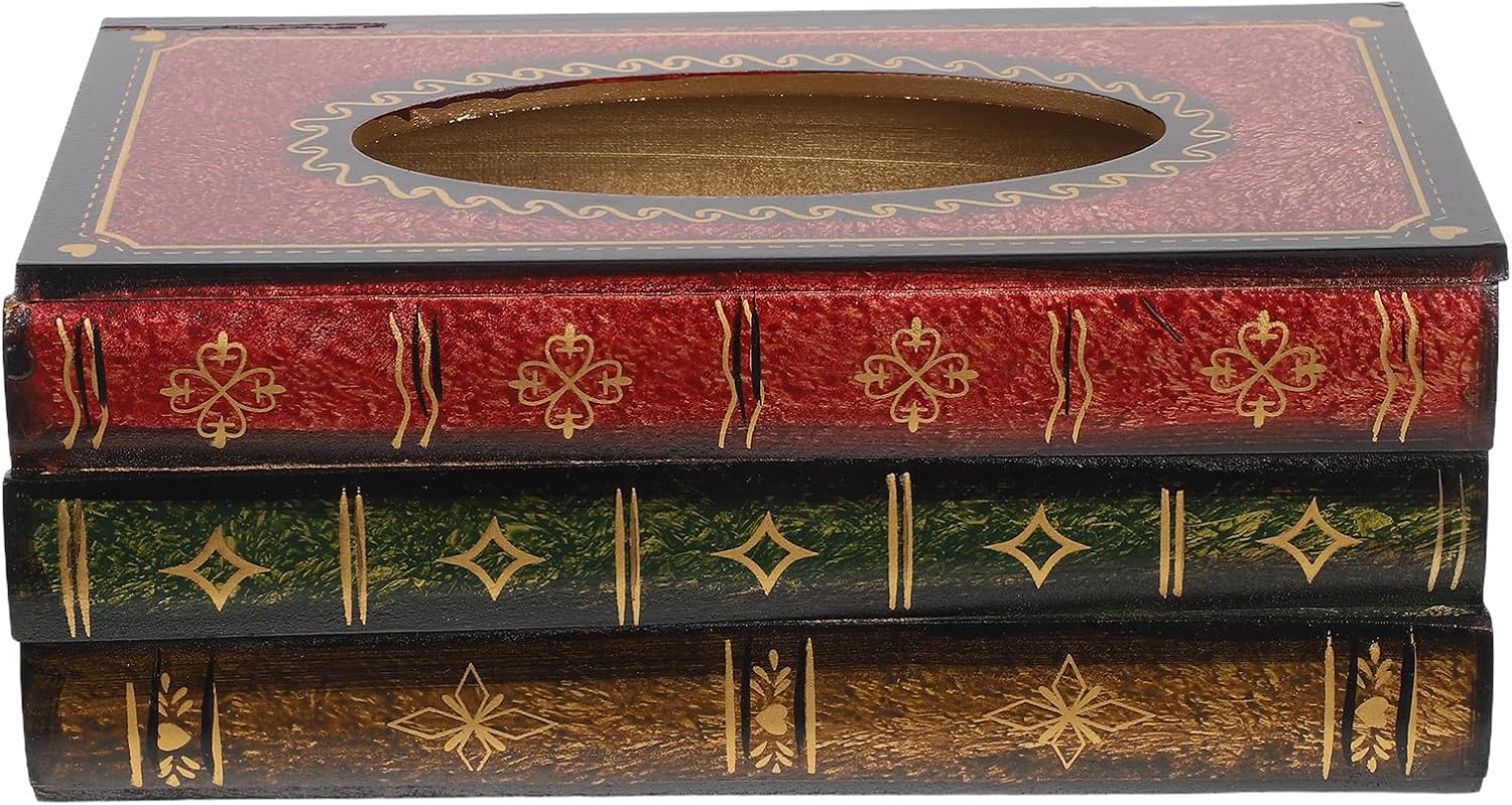 Vintage Wooden Tissue Box Cover with Unique Rectangular Book Shaped Design, Retro Antique Style Napkin Holder for Home and Office Decorative Use