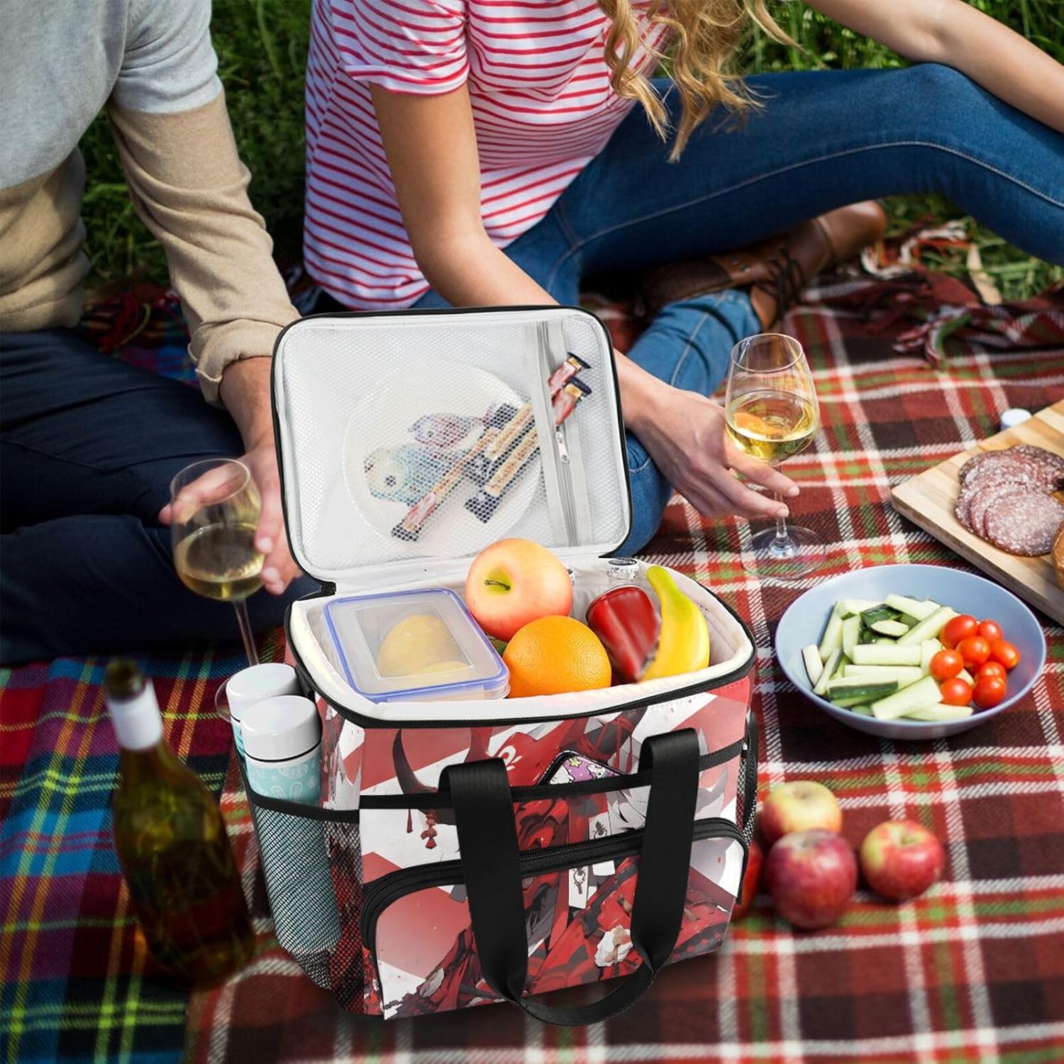 Insulated Cooler Bag 24 Cans Large Capacity Lunch Box-Warrior Japanese Print Leak Proof with Shoulder Strap for Camping Picnic