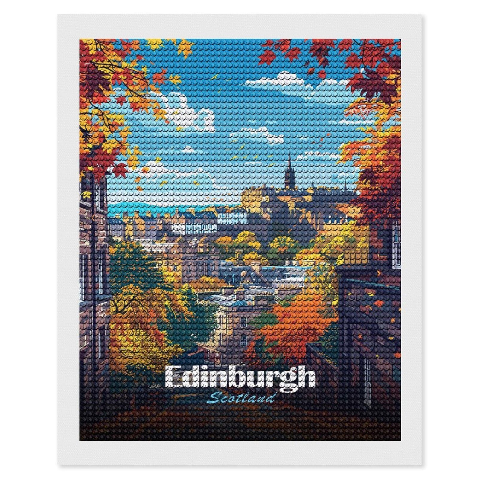 Junmoney Edinburgh Scotland Autumn Cityscape Illustration DIY Diamond Art Canvas Kit 16"x20", for Teens, Finish and Display, Holiday Gift Idea, Vintage Style Decor