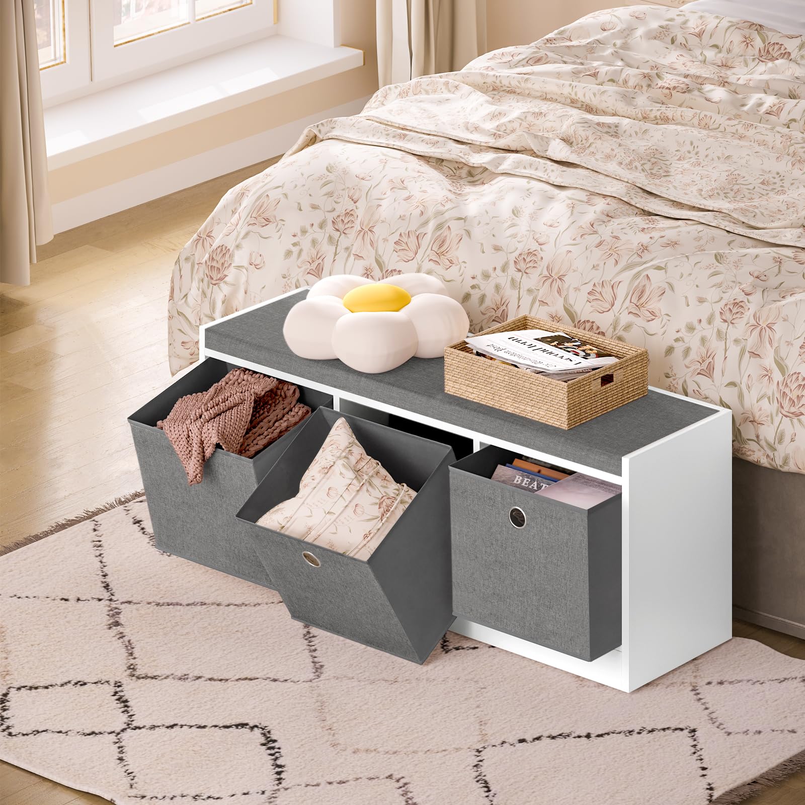 WOLTU Pouf Contenitore, Mobile da ingresso con 3 cassetti in Tessuto, Panca portascarpe con Sedile Imbottito, Scatola Portaoggetti Ottomana, per Soggiorno, Bianco+Grigio