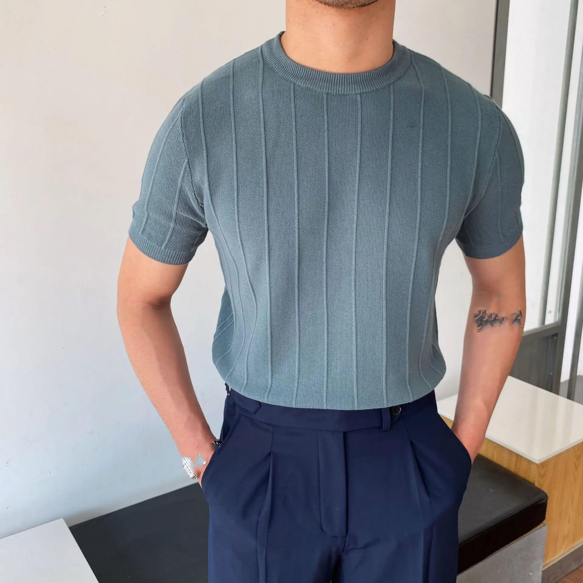 MORISTE Maglietta Uomo Lavorata a Maglia, Girocollo Leggero Manica Corta Casual Estiva Top