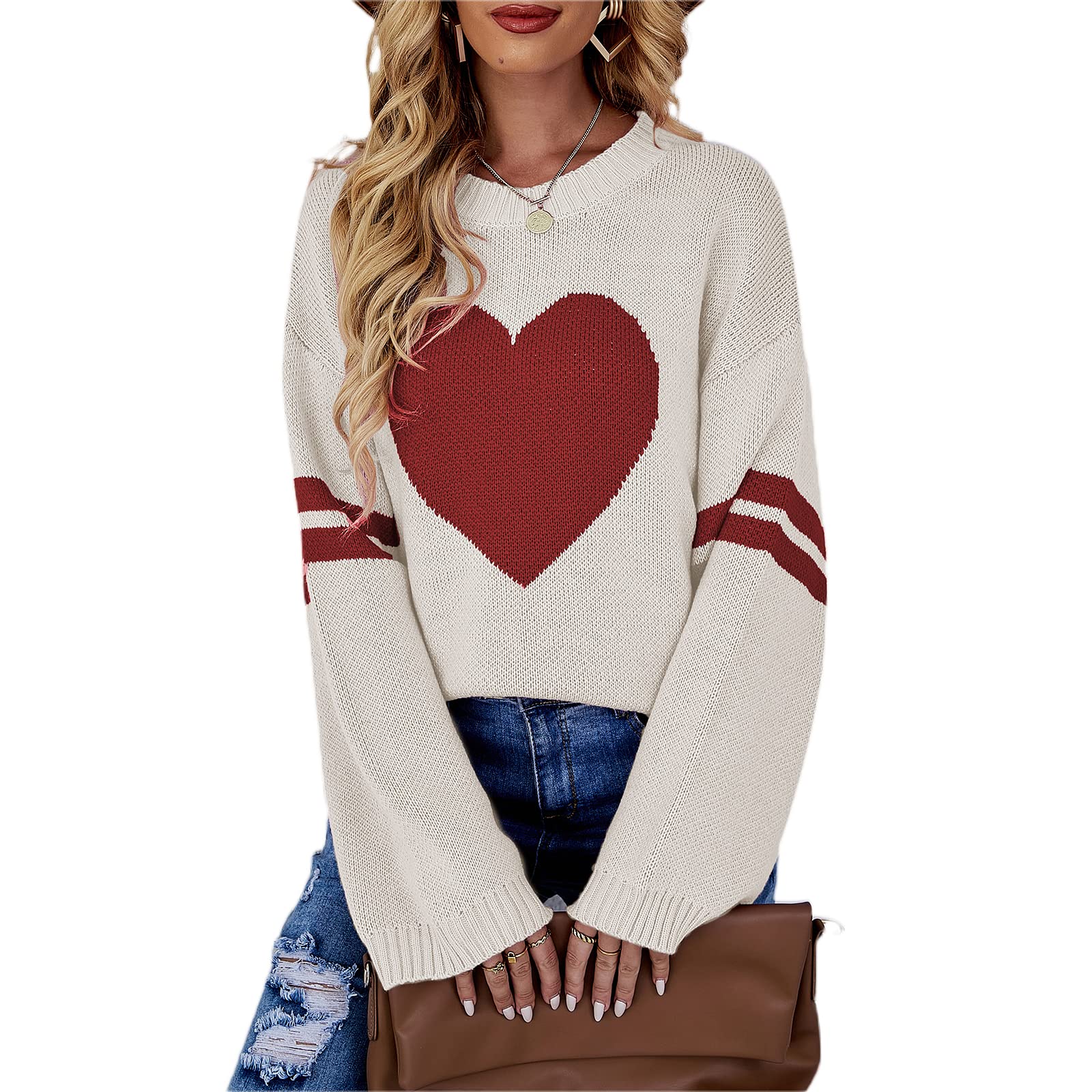 Mxiqqpltky Heart Print Sweater for Women Long Sleeve Crewneck Valentine Knitted Pullover Love Sweater Y2K Tops