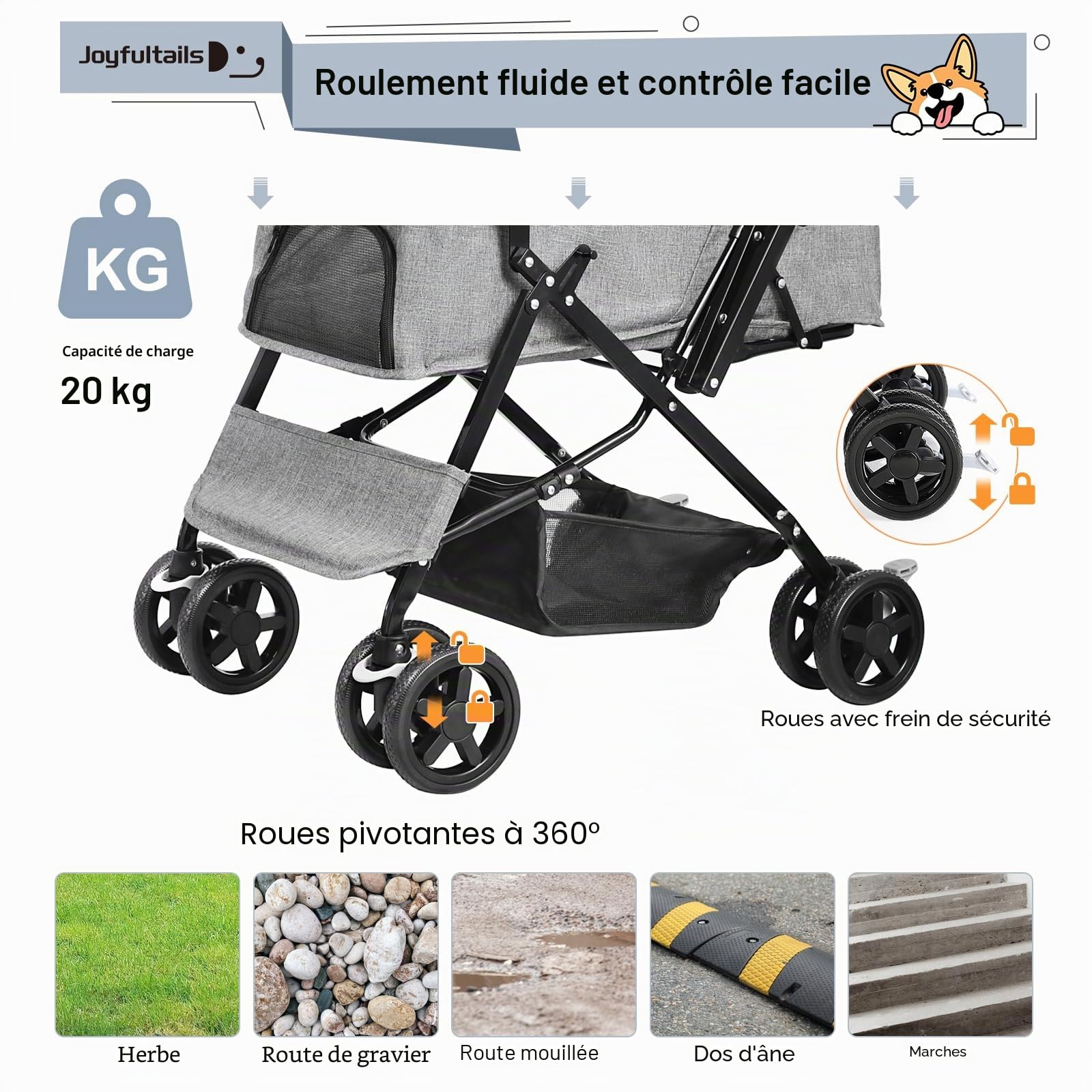 Poussette Pliable Chien/Chat 20kg Capacité - Buggy Tout Terrain avec Toit Amovible, Poignée Ergonomique et Roues Verrouillables & Housse Imperméable, Gris