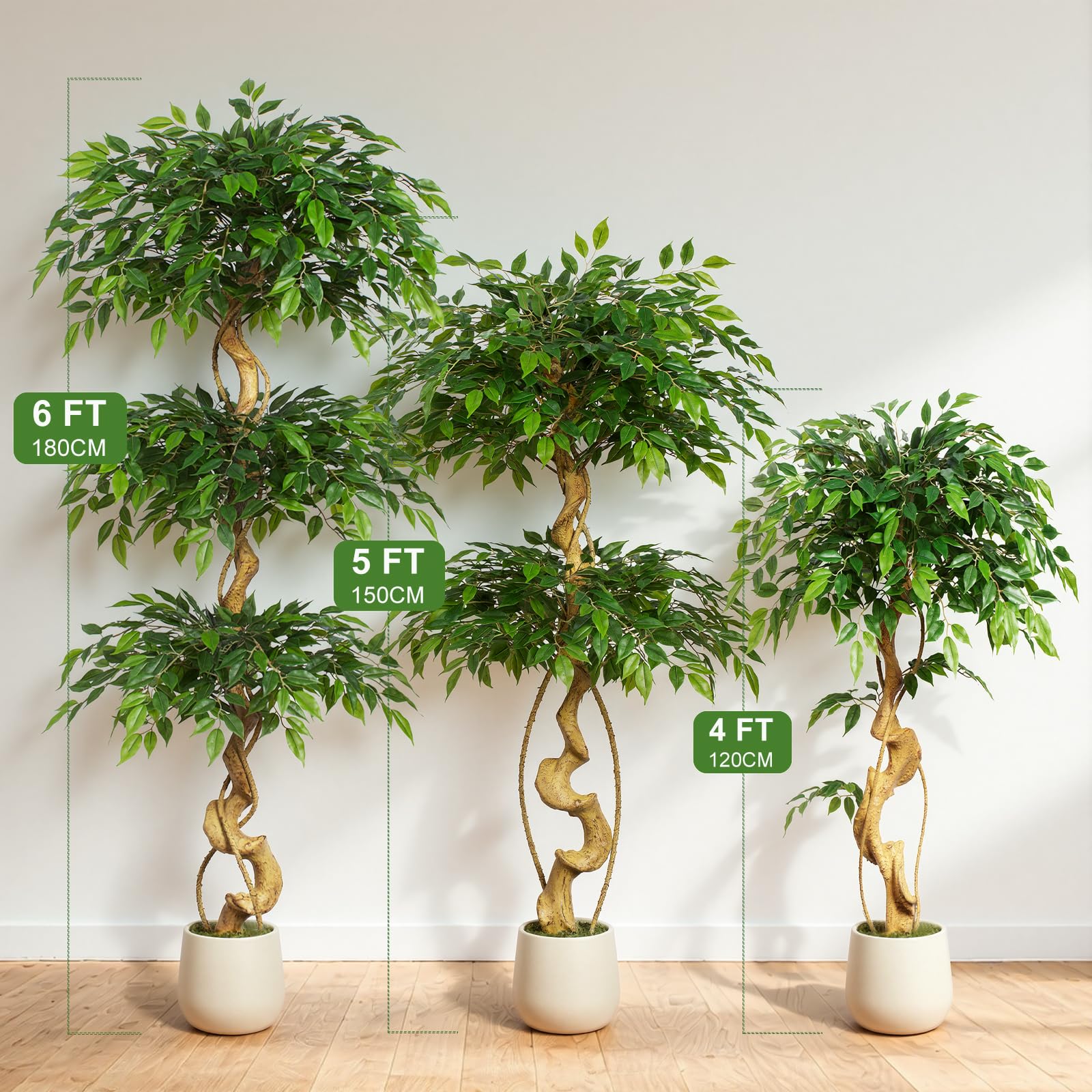 Kunstpflanze Ficusbaum 120cm Mit Weiß Topf,Künstliche Pflanzen groß wie echt mit Gebogene Baumstamm und 930 Blättern,Kunstbaum Für Innendekor Wohnzimmer Schlafzimmer Büro GartenHaus Decor