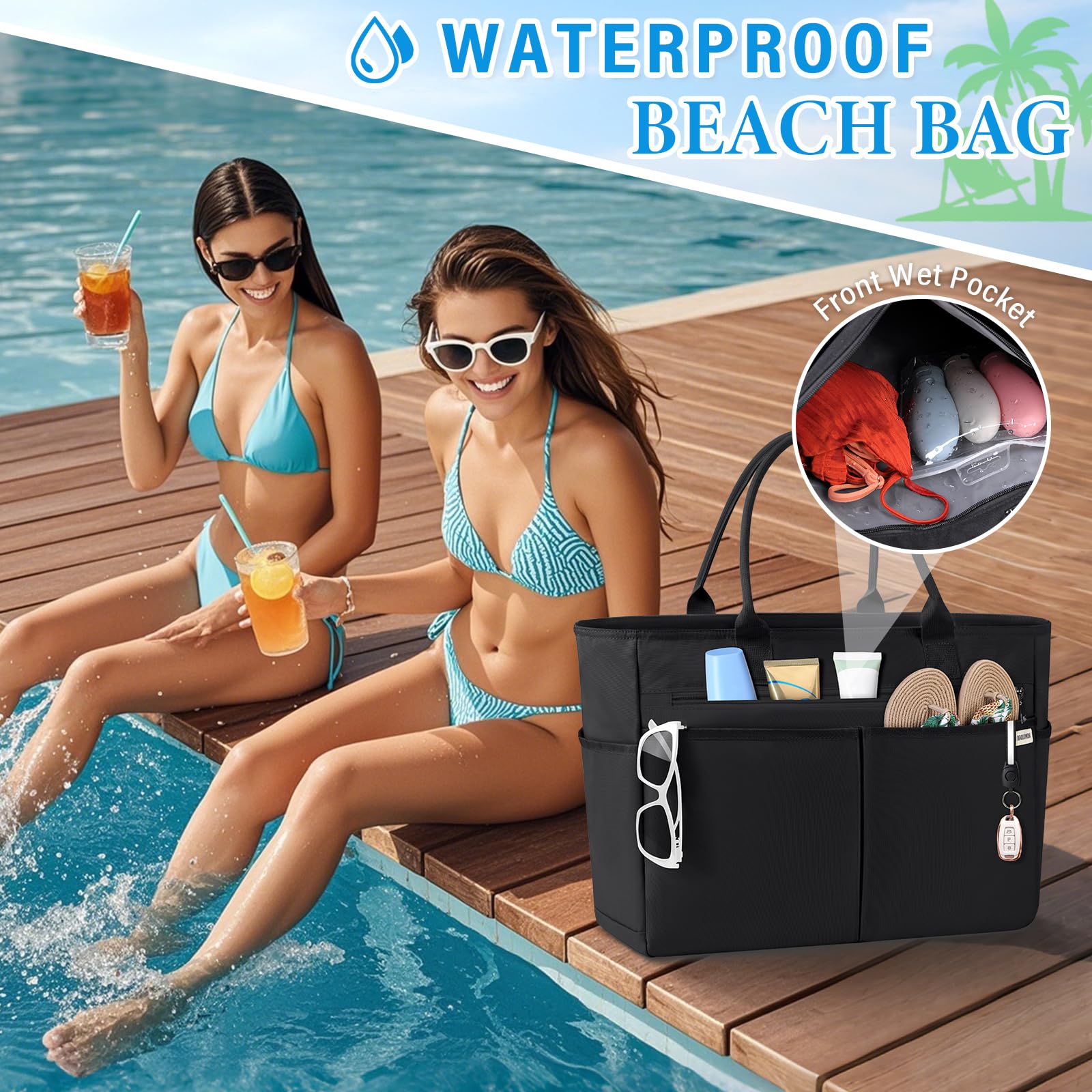 IGOLUMON Bolsa Playa Grande XXL Familiar Shopper Bolso Playa Mujer con Cremallera Bolso De Hombro 40L Bolso de Tote para Playa Viajes Compras Negro