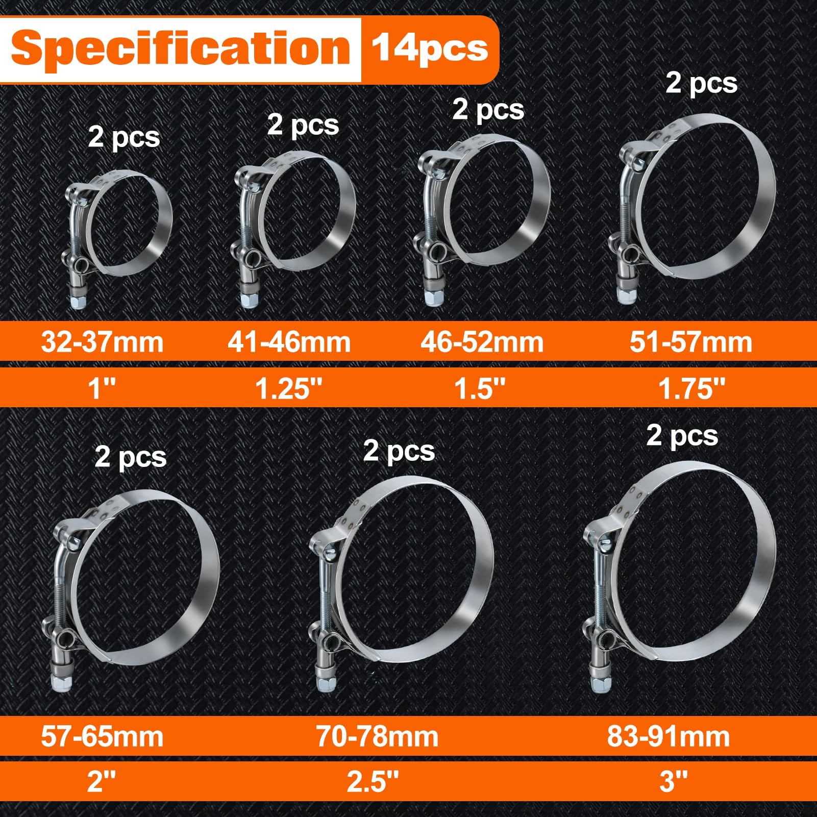 SPEEDWOX 14pcs T-Bolt morsetti per tubi 7 dimensioni 304 in acciaio inossidabile robusto morsetti per tubi regolabili gamma di lavoro 32-91mm per 1" 1,25 "1,5" 1,75 "2" 2,25" 3" tubo ID 304 in acciaio
