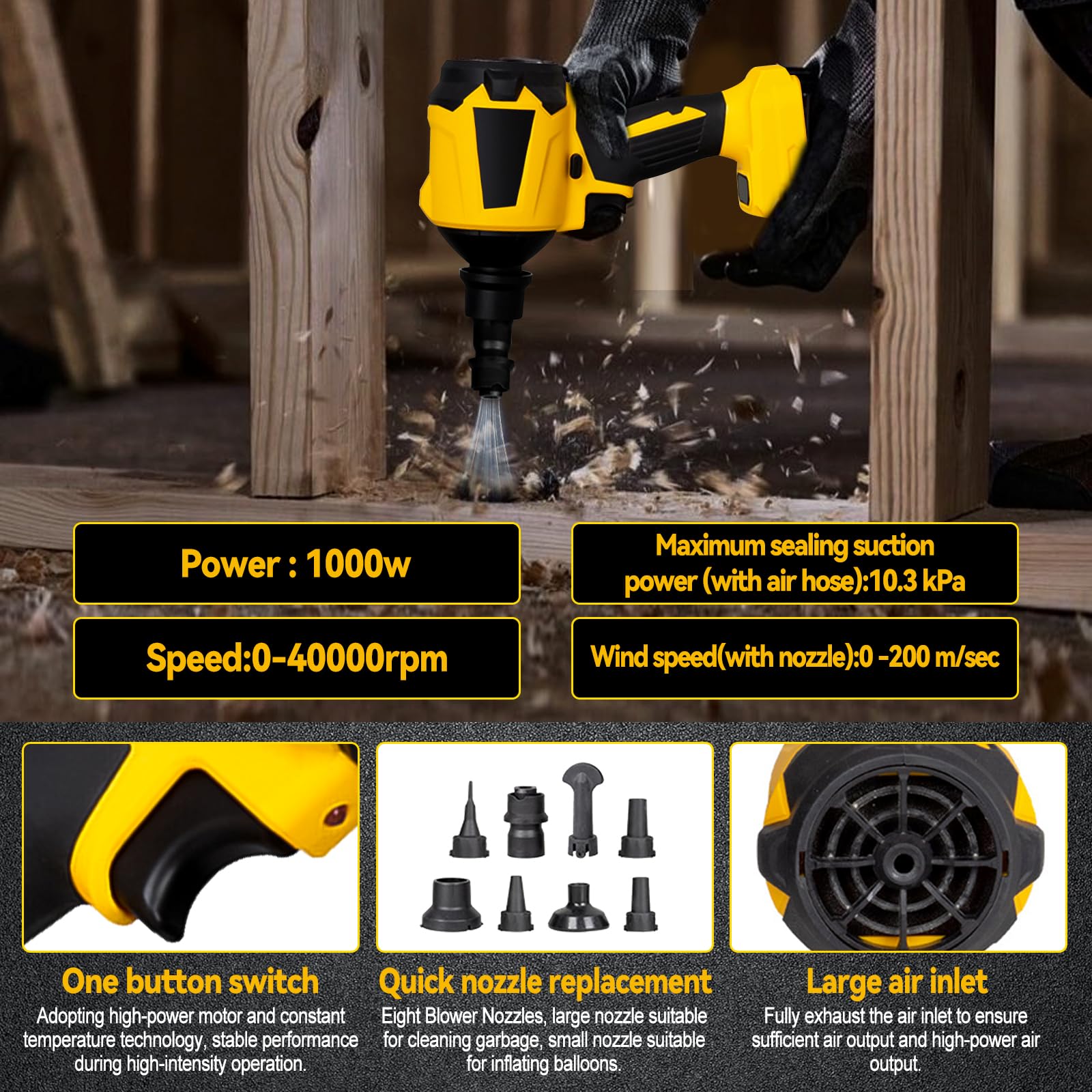 WingFly draadloze bladblazer voor Dewalt 18 V, 20 V accu, elektrische handheld blazer met instelbare snelheid voor het schoonmaken van bladeren, stofverwijdering, luchtsnelheid 98 m/s, geen batterijen