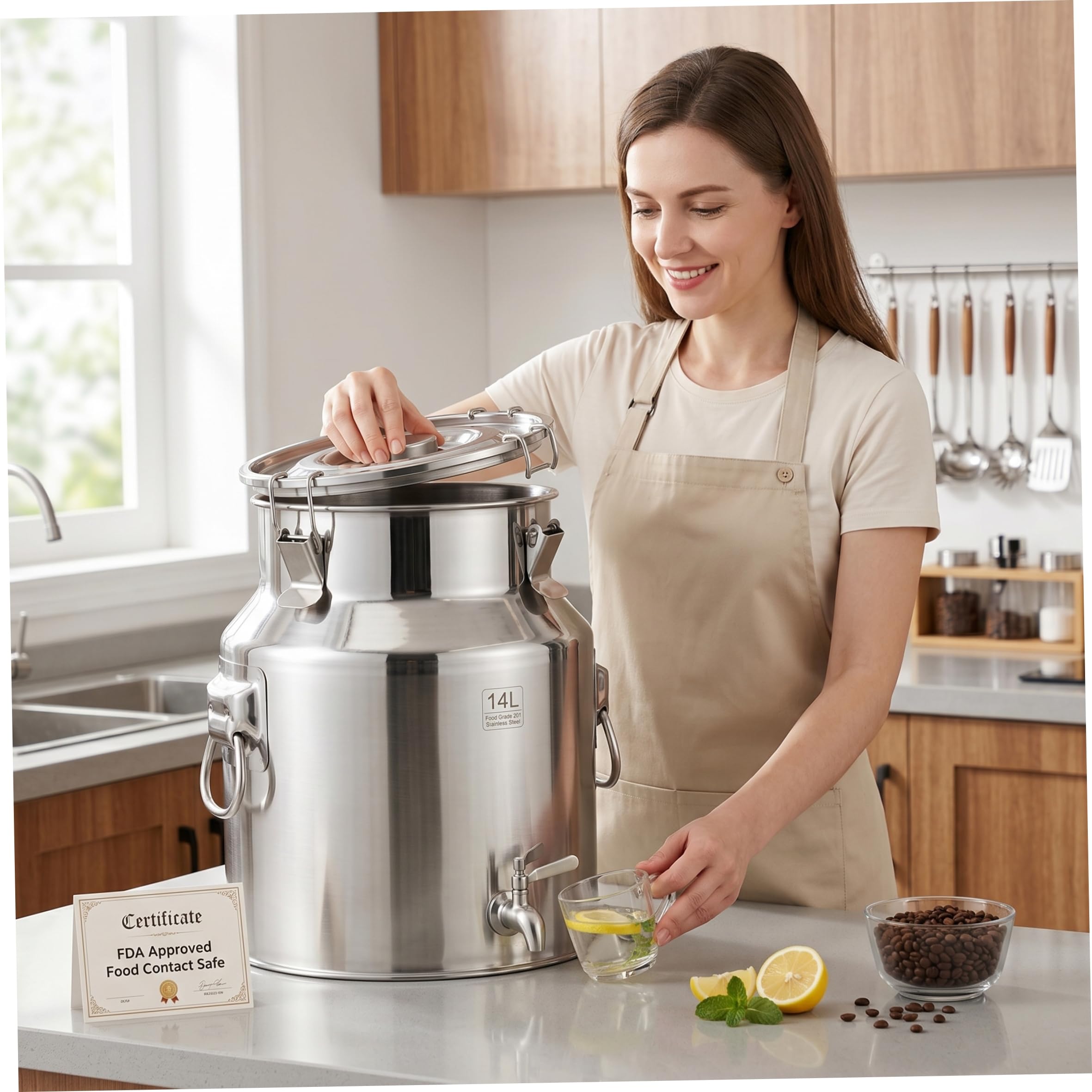 Dispensador de Bebidas de Acero Inoxidable de 3, 7 galones con espita, Recipiente para Bebidas con Tapa con Cerradura