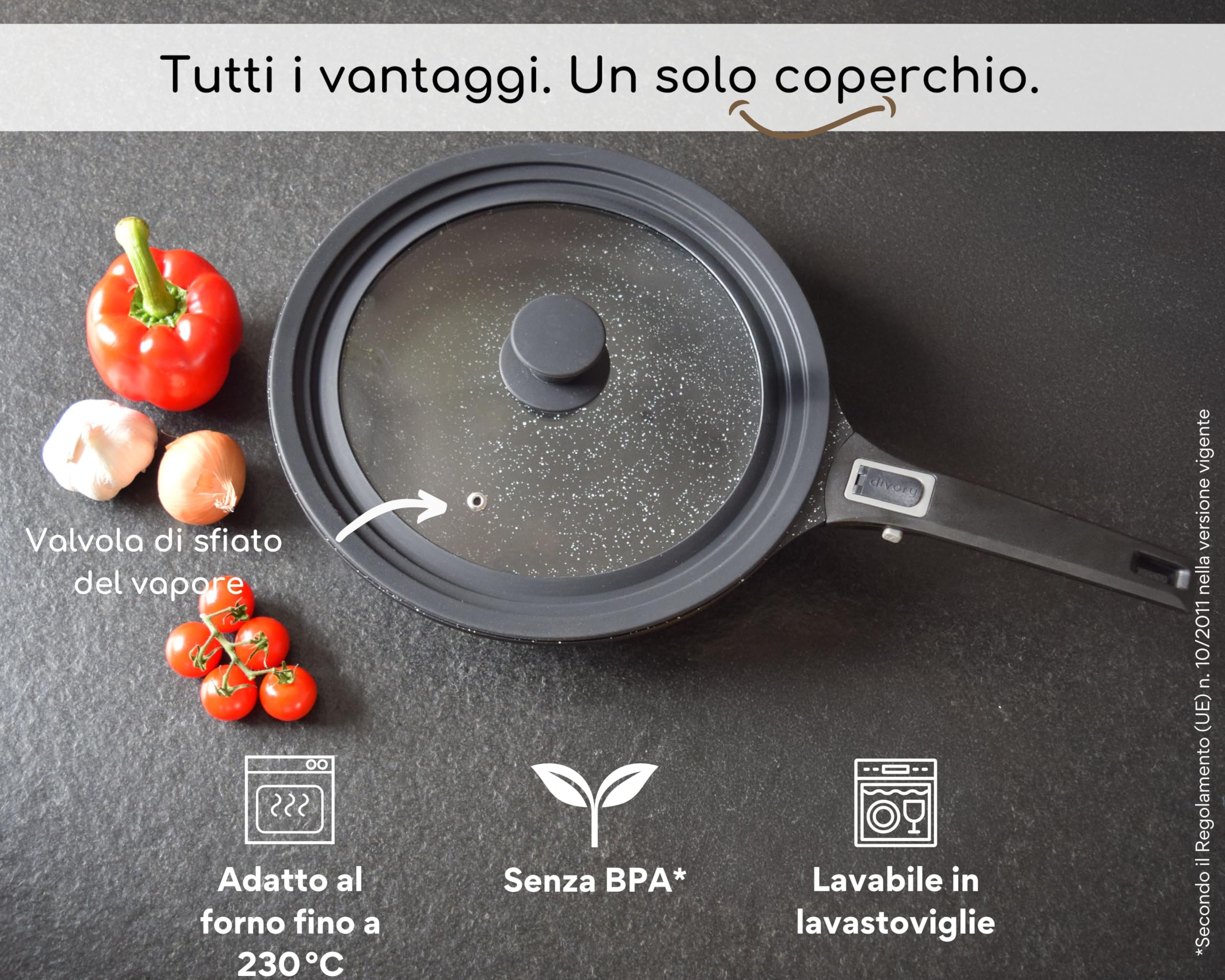 DIVORY Coperchi universali Ø28, 30 e 32 coperchi in Vetro con Bordo in Silicone a gradini per pentole e padelle, valvola di Rilascio del Vapore