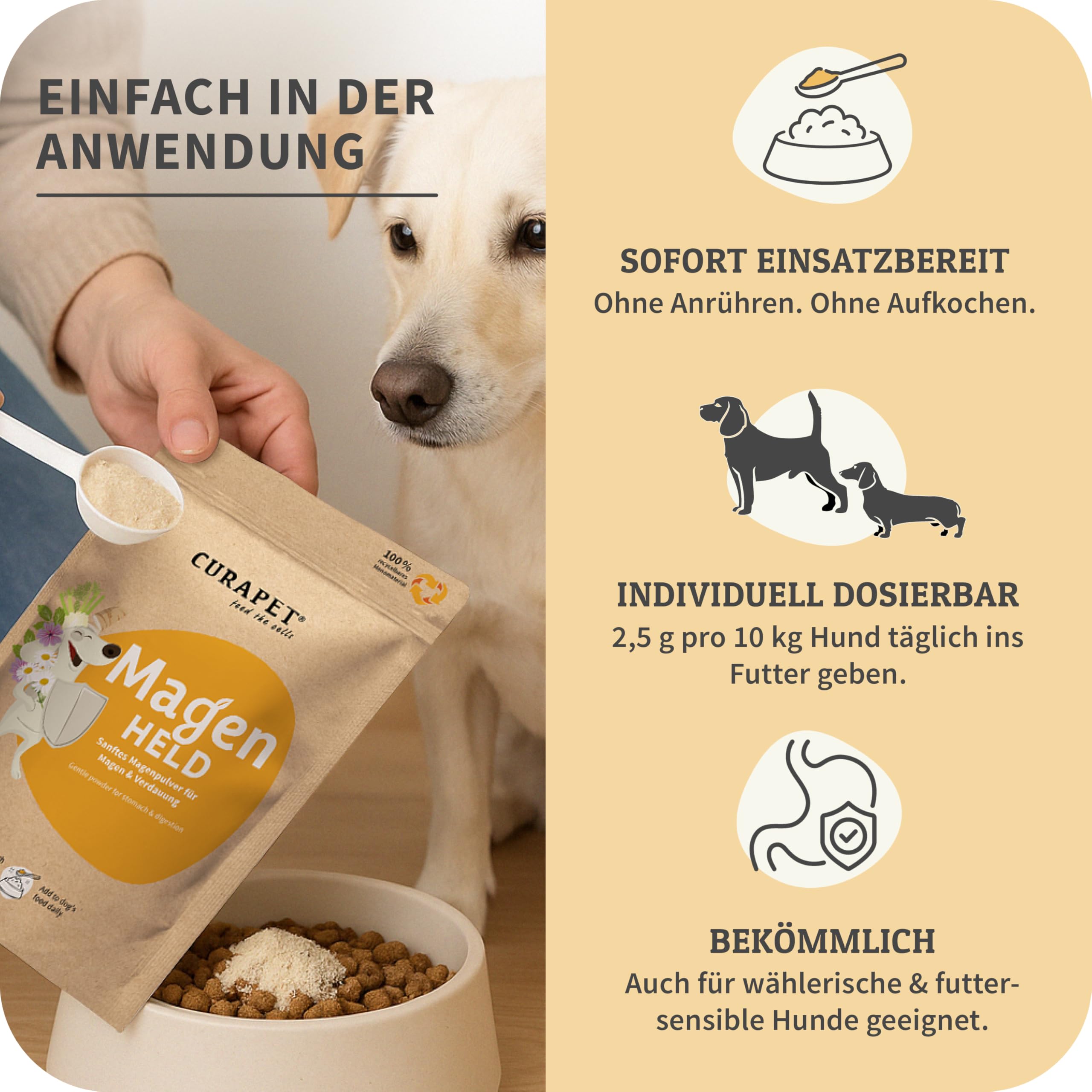 Magenpulver fr Hunde  CURAPET  bei Sodbrennen, Grasfressen &  empfindlichem Magen | mit Eibischwurzel, Malvenblttern, Zeolith &  Flohsamenschalen | Sofort einsatzbereit ohne Anrhren | 200 g : Amazon.de:  Haustier