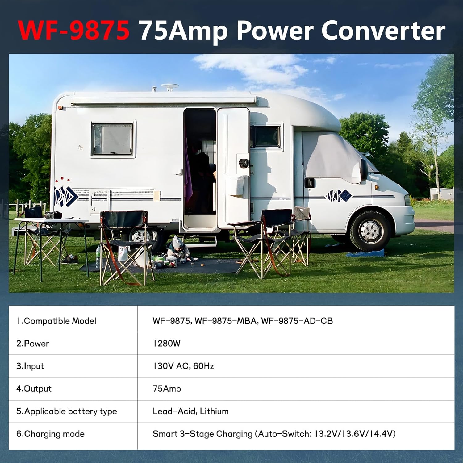 WF-9875 75 Amp RV Power Converter, Heavy Duty for Lead-Acid Batteries, Compatible with WF-9855/WF-9800 Series, 12V DC Output, Fast High-Current Charging for RVs, Trailers, Campers & Off-Grid Power