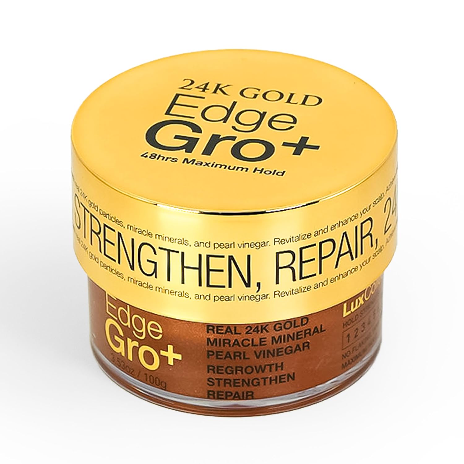 Edge Lux Edge Gro+ Real 24K Gold Repairing Edge Control Gel with Castor Oil, Biotin, Miracle Mineral, and Pearl Powder – Strengthening Hair Gel for All Hair Types, 3.53 Ounce