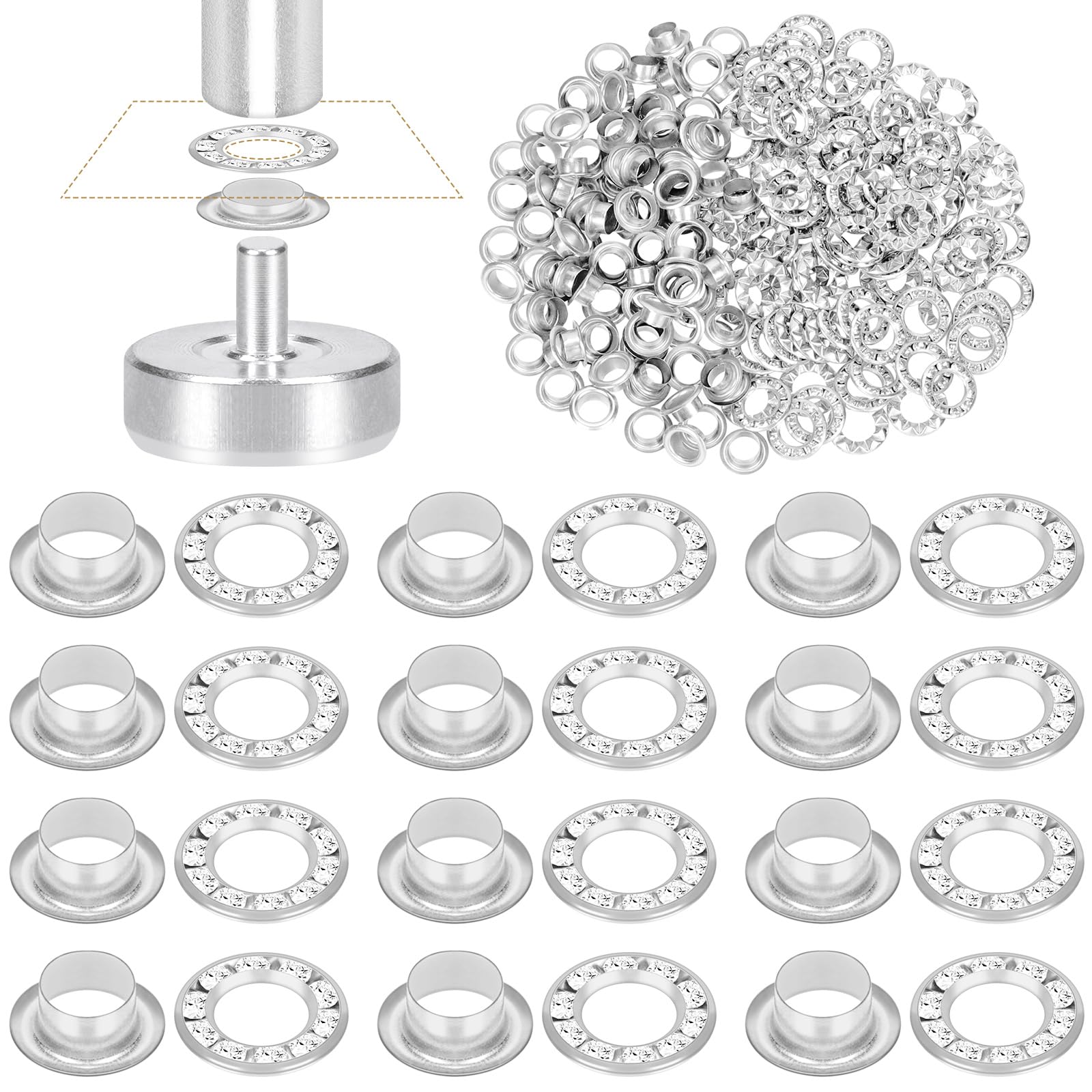 Glarks 100pcs 6mm Grommets Kit with White Diamond Washers Set, Silver Color Brass Grommets Eyelets