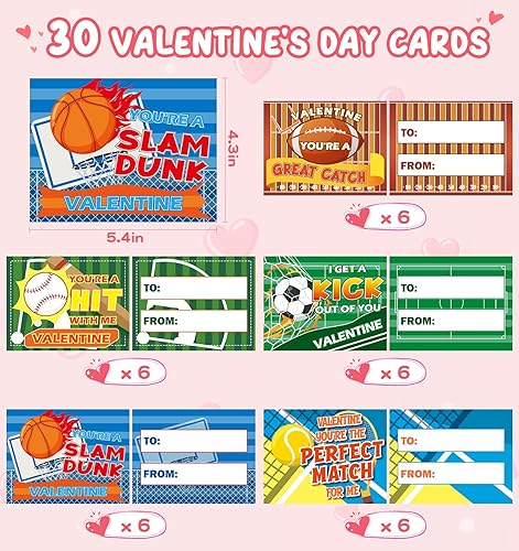 Miniatura 2 de Officygnet Paquete de 30 tarjetas de San Valentín para niños con bolas deportivas de estrés a granel, regalos de San Valentín para niños,