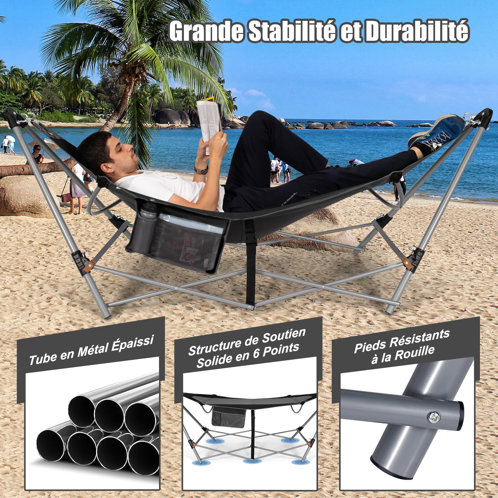 COSTWAY Hamac sur Pied, Hamac Pliant avec Support Métallique et en Tissu d’Oxford, Poche Latérale et Boucles Anti-Basculement, pour Porche, Patio, Jardin, Charge 150KG, 227 x 82 x 89CM