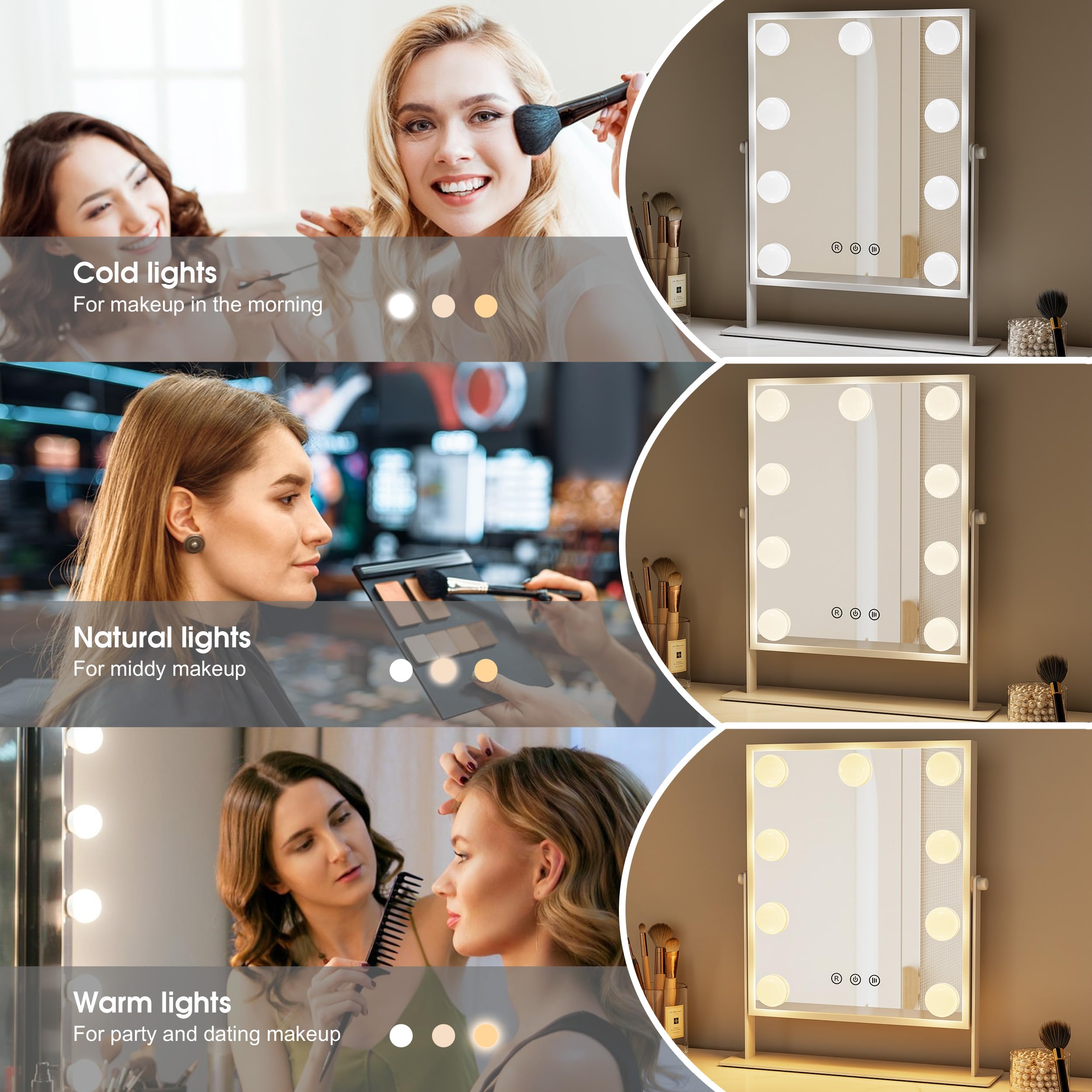 Specchio da trucco con illuminazione grande – Hollywood Specchio da toeletta 3 colori chiari e touch – Tavolo da toeletta con luce girevole – Specchio da trucco – Alluminio Vanity Mirror with