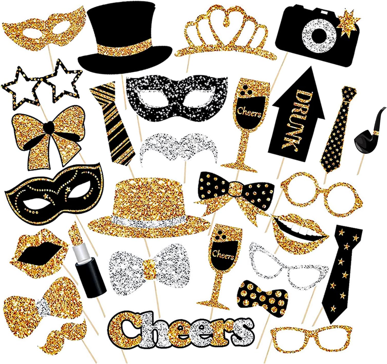 30pcs Photo Booth Props Kit Black and Gold Party Props Accessories with Moustache Lipstick Tie and Glasses Multipurpose Funny Photo Props for Graduation Decorations Birthday Wedding