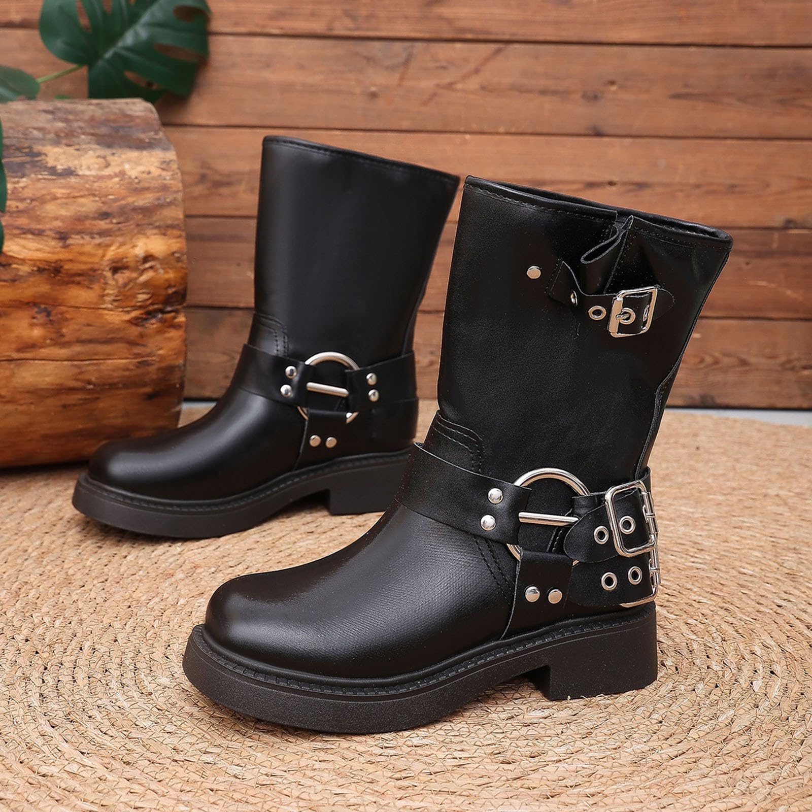 Botas por Encima de la Rodilla Botas de Media caña con Punta Redonda, Estilo Vaquero Occidental, para Mujer.