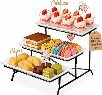 3 Tier Serving Tray, 12" White Plastic Tiered Food Serving Platters, Reusable Tray Stand Black Collapsible Metal Stand with Stable Cross Bars, Party Display Stands for Veggie Fruit, Dessert