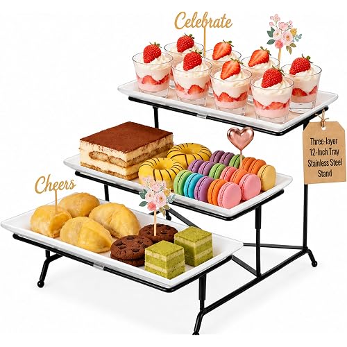 3 Tier Serving Tray, 12" White Plastic Tiered Food Serving Platters, Reusable Tray Stand Black Collapsible Metal Stand with Stable Cross Bars, Party Display Stands for Veggie Fruit, Dessert