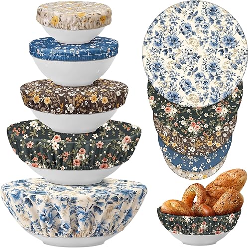 Miniatura 35 de Patelai 10 Pzs Cubiertas Reutilizables para Tazones en 5 Tamaños Tela Elástica de Tela Cubiertas Elásticas para Tazones de Almacenamiento de