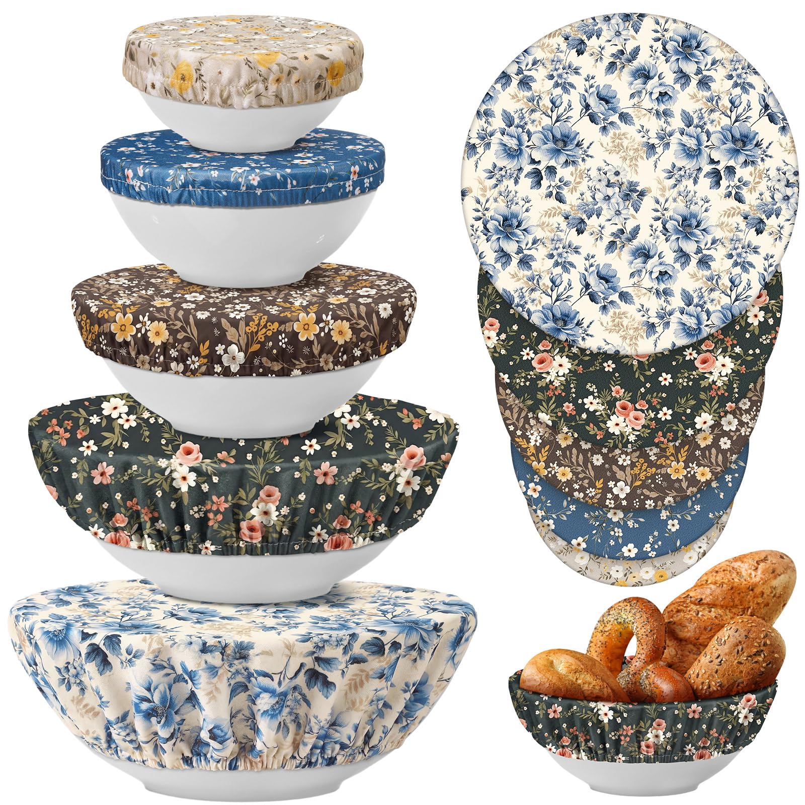 Patelai 10 Pcs Bowl Covers Reusable in 5 Size Fabric Stretch Dish Covers