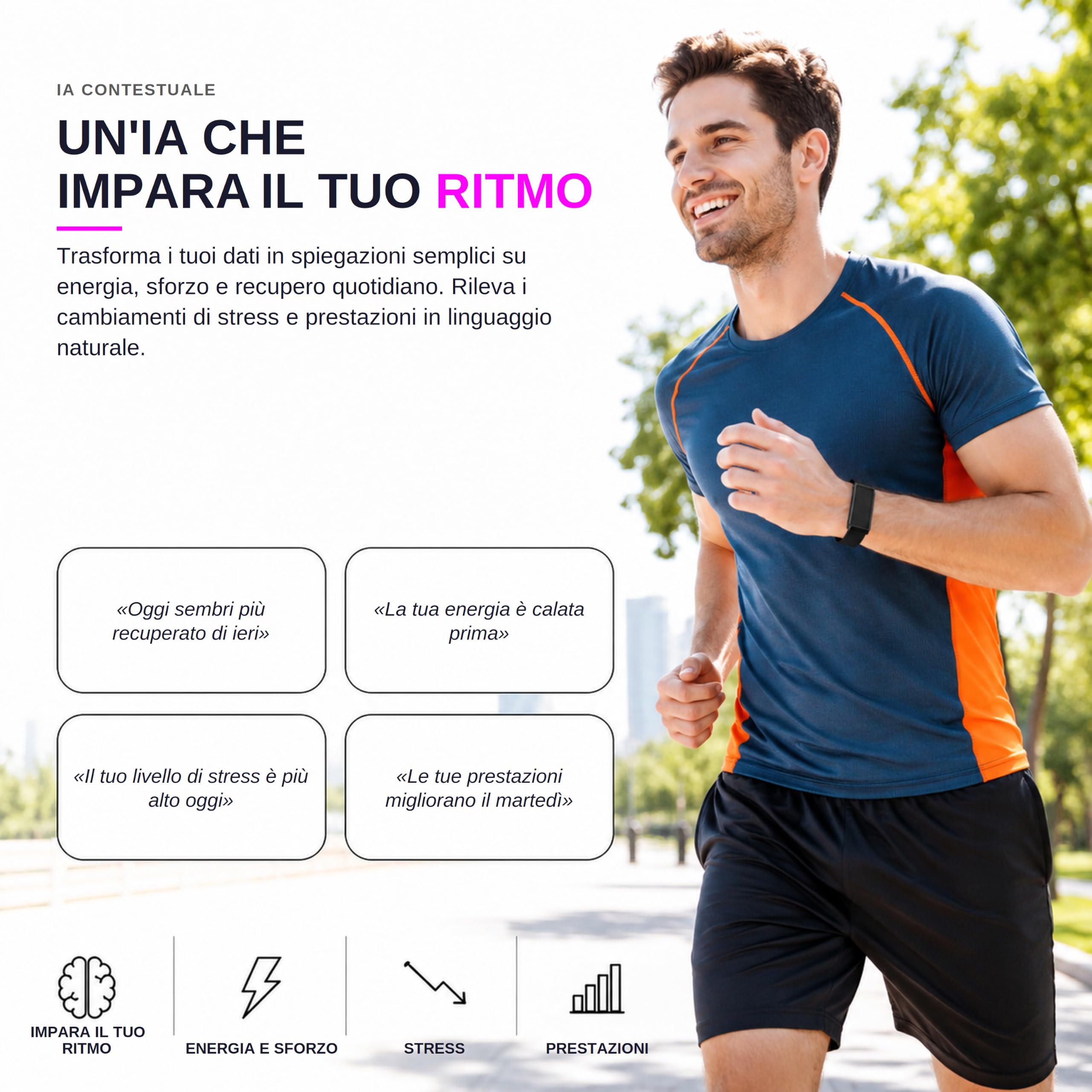 Sense Smart Band senza Display Uomo Donna, Progettata in Spagna, Coach IA, Monitor Sonno Energia Recupero, Frequenza Cardiaca 24/7 HRV SpO₂, IP68, +45 Giorni, Senza Abbonamento, Nero