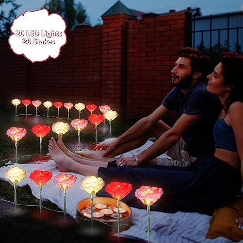 Miniatura 4 de Enhon Luces de camino de flores para el día de San Valentín, 8 modos de luces de estaca de flores cálidas rojas y rosas, 16.5 pies, 20 luces LED