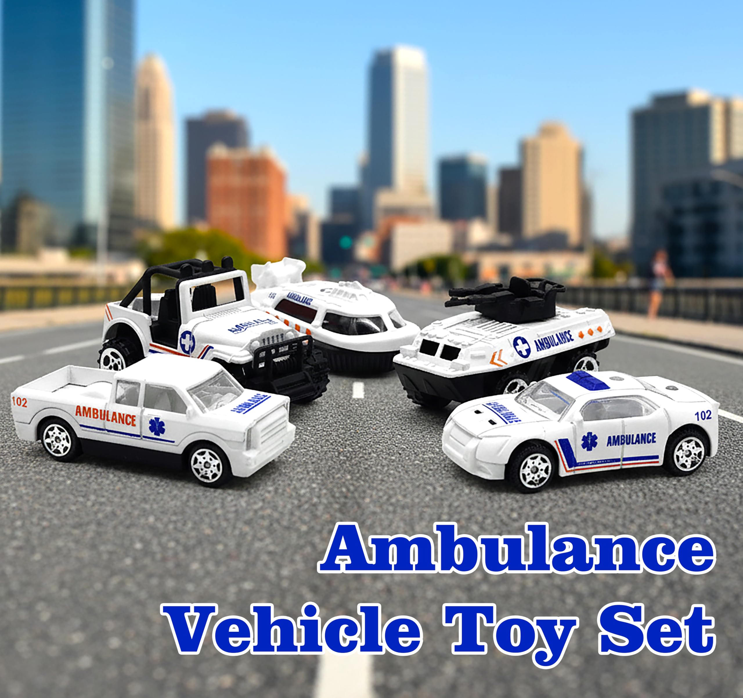 VGRASSP 1:64 Scale Mini Die Cast Alloy Metal Ambulance Vehicle Toy Set for Kids - Free Wheels Pretend Play Emergency Rescue Toy Cars for Boys and Girls - Set of 5 1