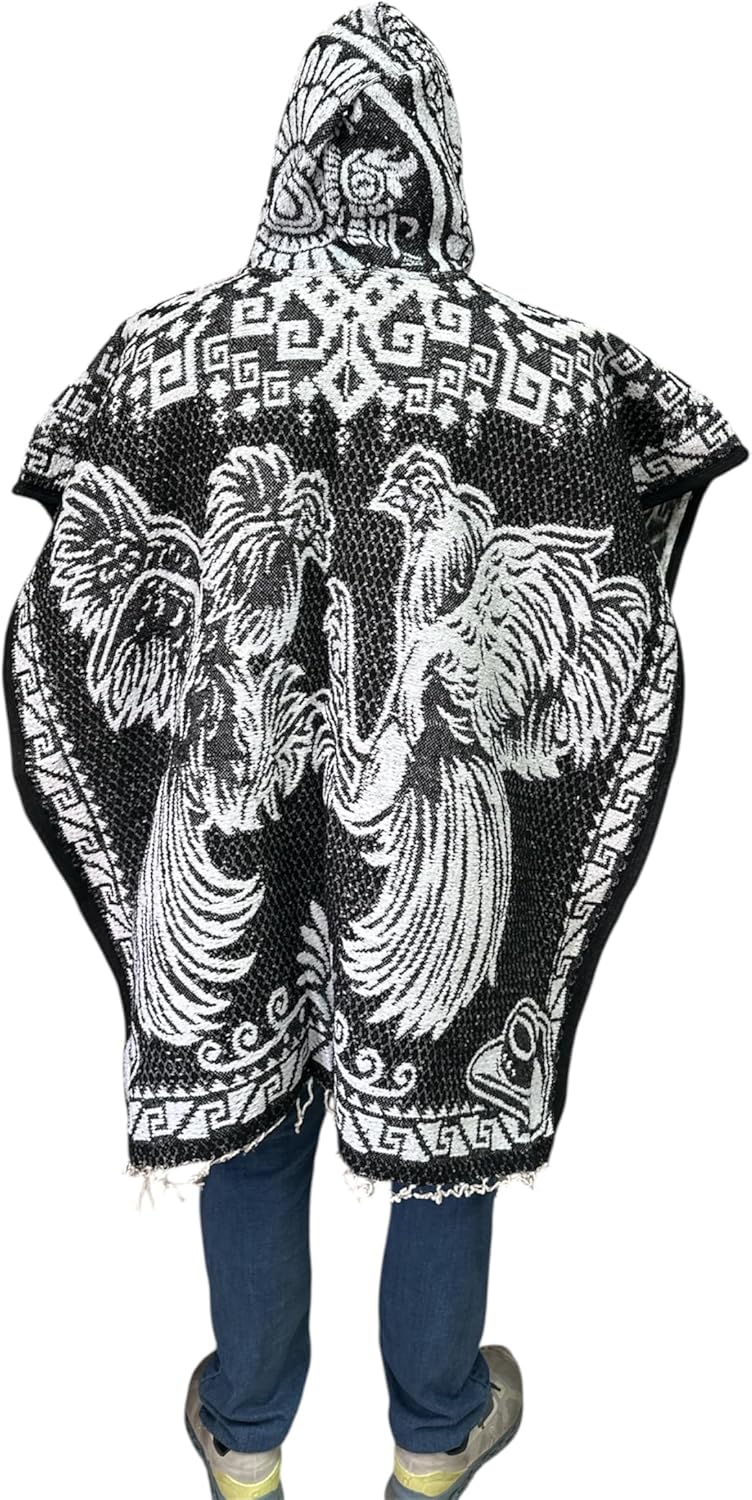 LARGE, PELEA DE GALLO, BLACK AND WHITE, PONCHO, DOUBLE SIDED, MEXICO, ROOSTER, ROOSTER FIGHT, 1ST QUALITY, HEAVY, SOFT INSIDE