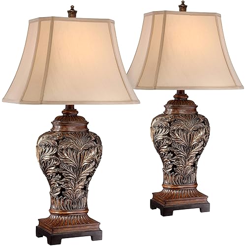 Barnes and Ivy Traditional Table Lamps 32.5" Tall Set of 2 Bronze Brown Carved Leaf Openwork Vase Tan Rectangular Shade Cottage Core Decor for Living Room Bedroom House Bedside Nightstand Home